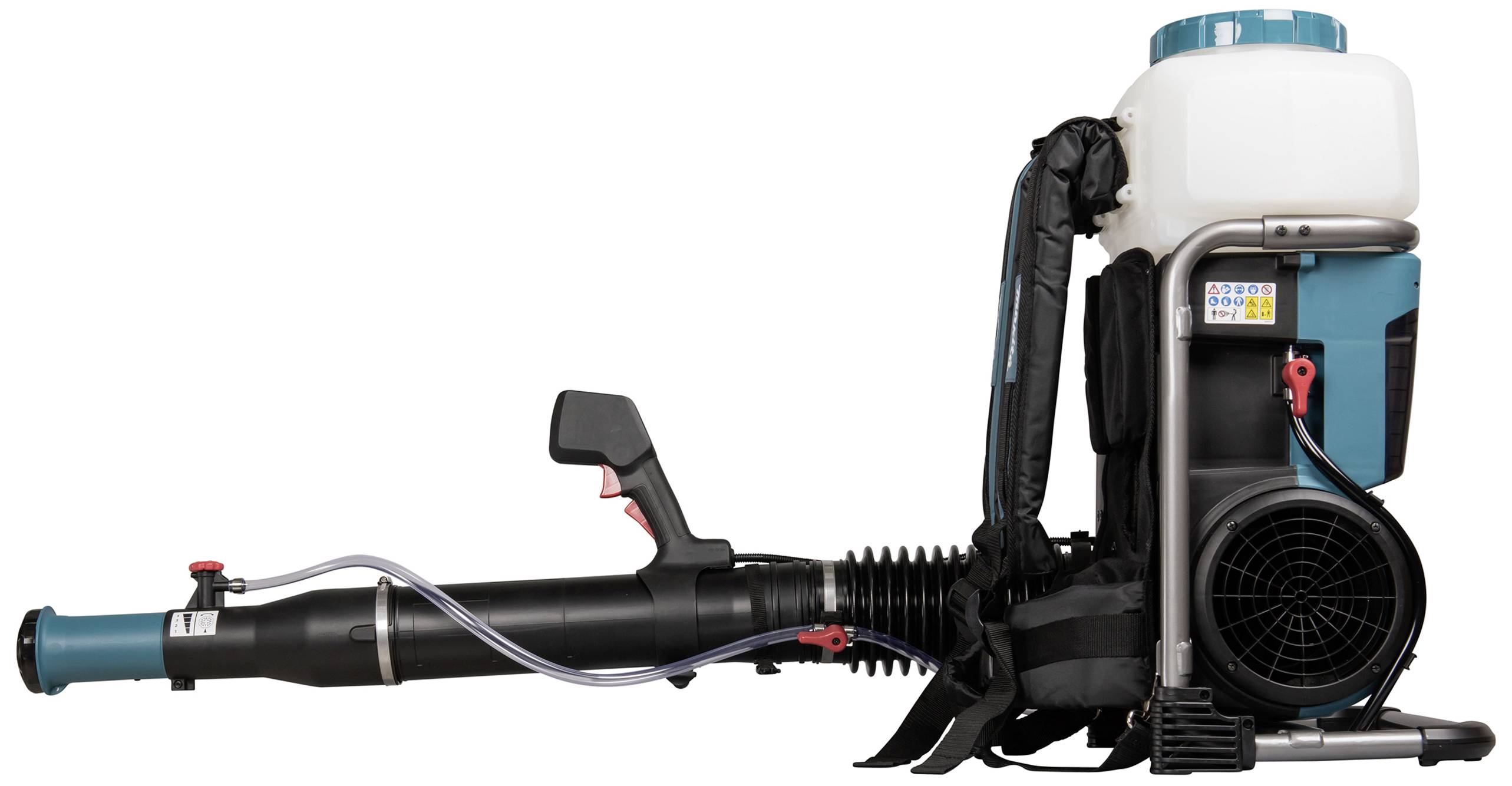 Motorový foukač listí s nosným popruhem na zádech, bílou nádrží nahoře a černou výfukovou trubicí. Kompaktní design pro efektivní odstraňování listí.