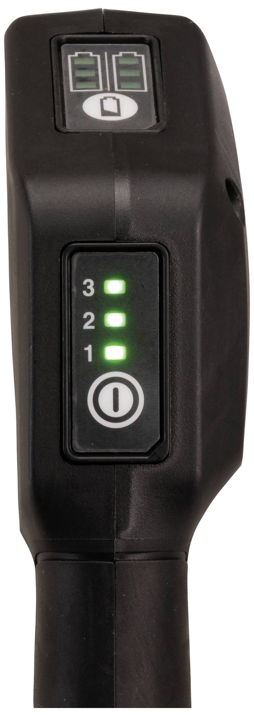 Elektronické ovládání jízdního kola se třemi svítícími zelenými světly pro první, druhý a třetí stupeň a vypínačem napájení pod nimi.