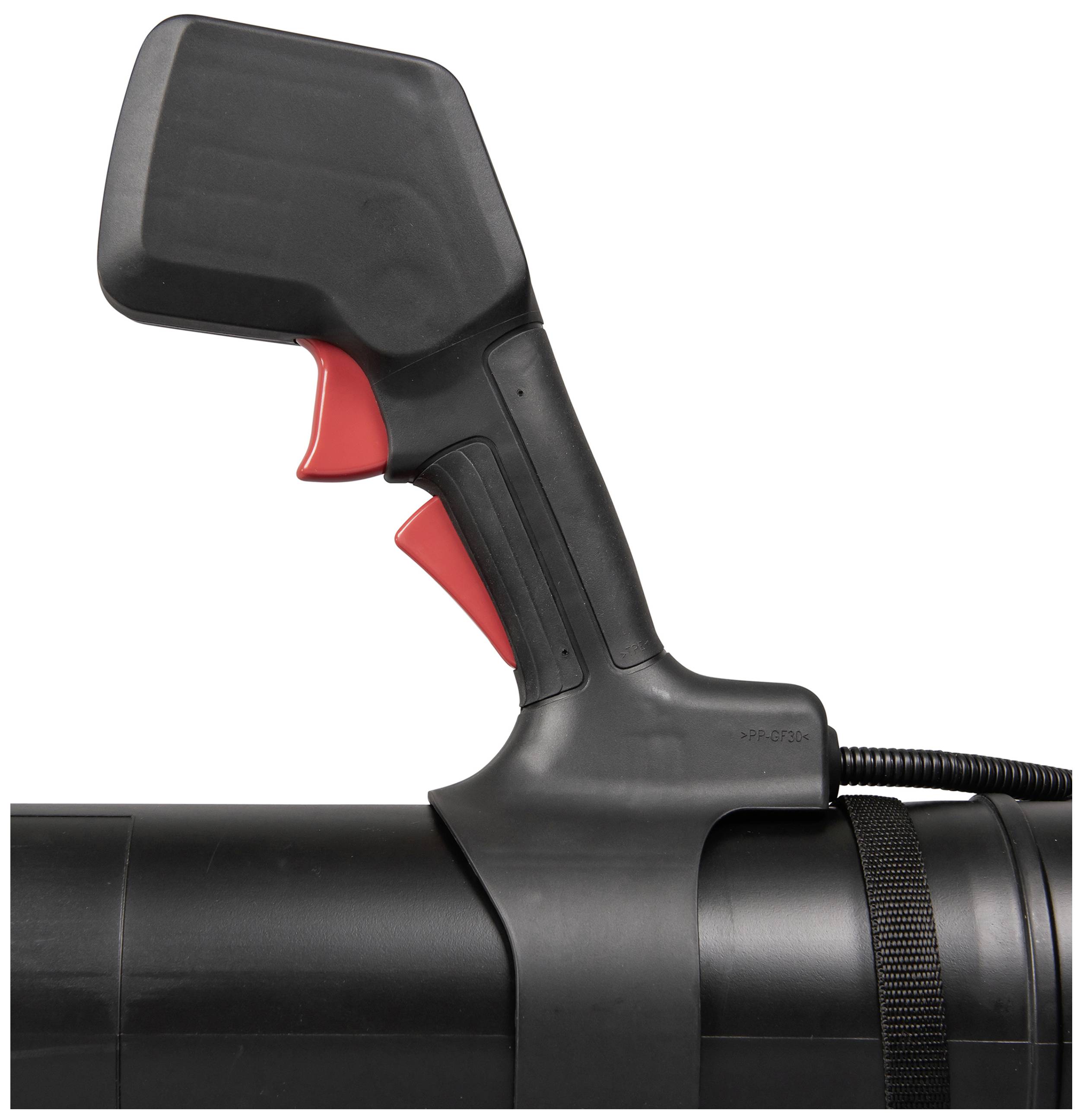 Černá, ergonomicky tvarovaná rukojeť s červenými úchyty, namontovaná na velkém, kulatém černém potrubí.