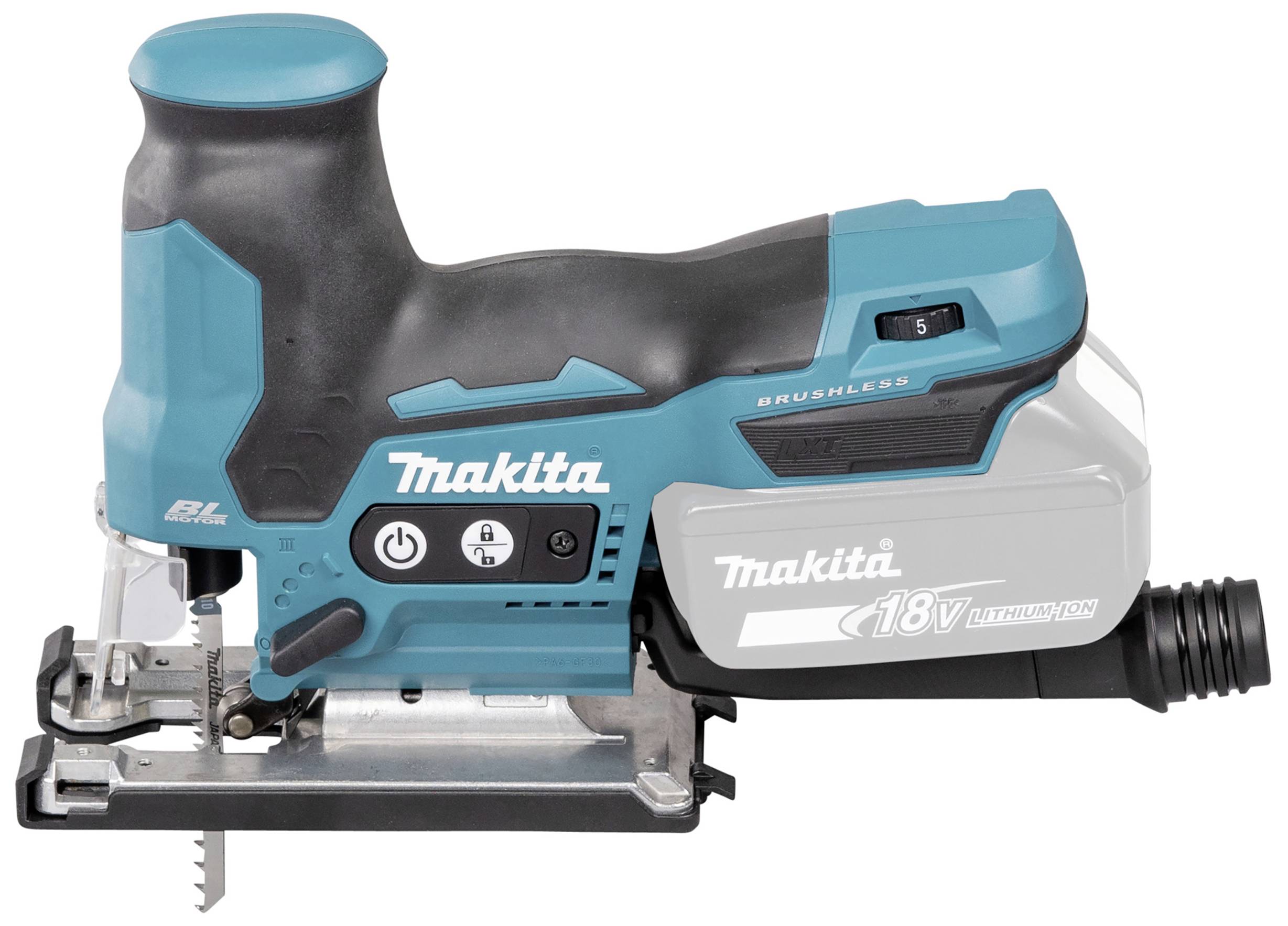 Akustická pila od Makity s bezkartáčovým motorem a ergonomickým designem rukojeti; je viditelné logo 18V lithium-iontové baterie.