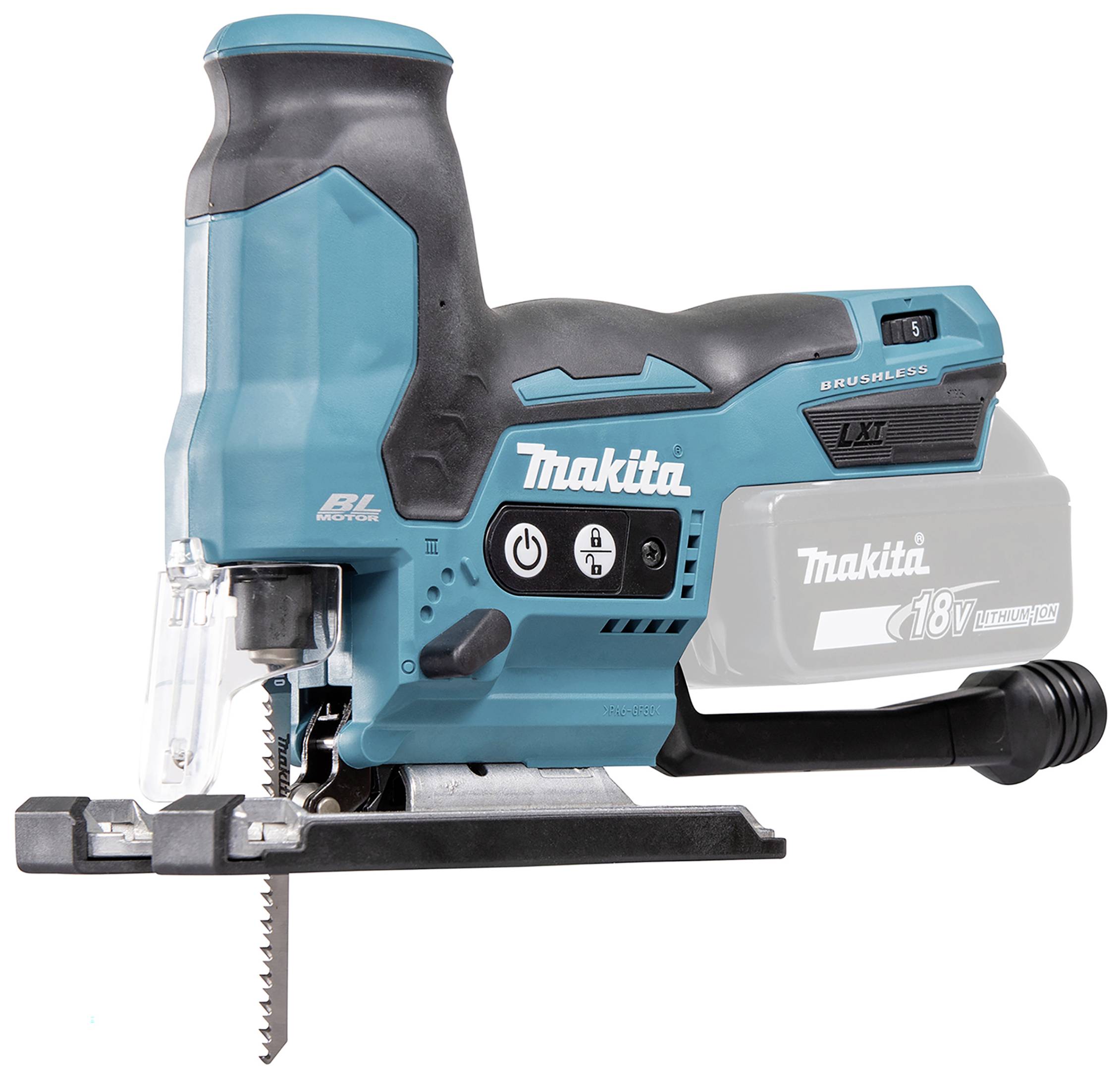 Modrá elektrická přímočará pila Makita, model '18V LXT', s ergonomickou rukojetí a ochranným krytem, zobrazená z boku.