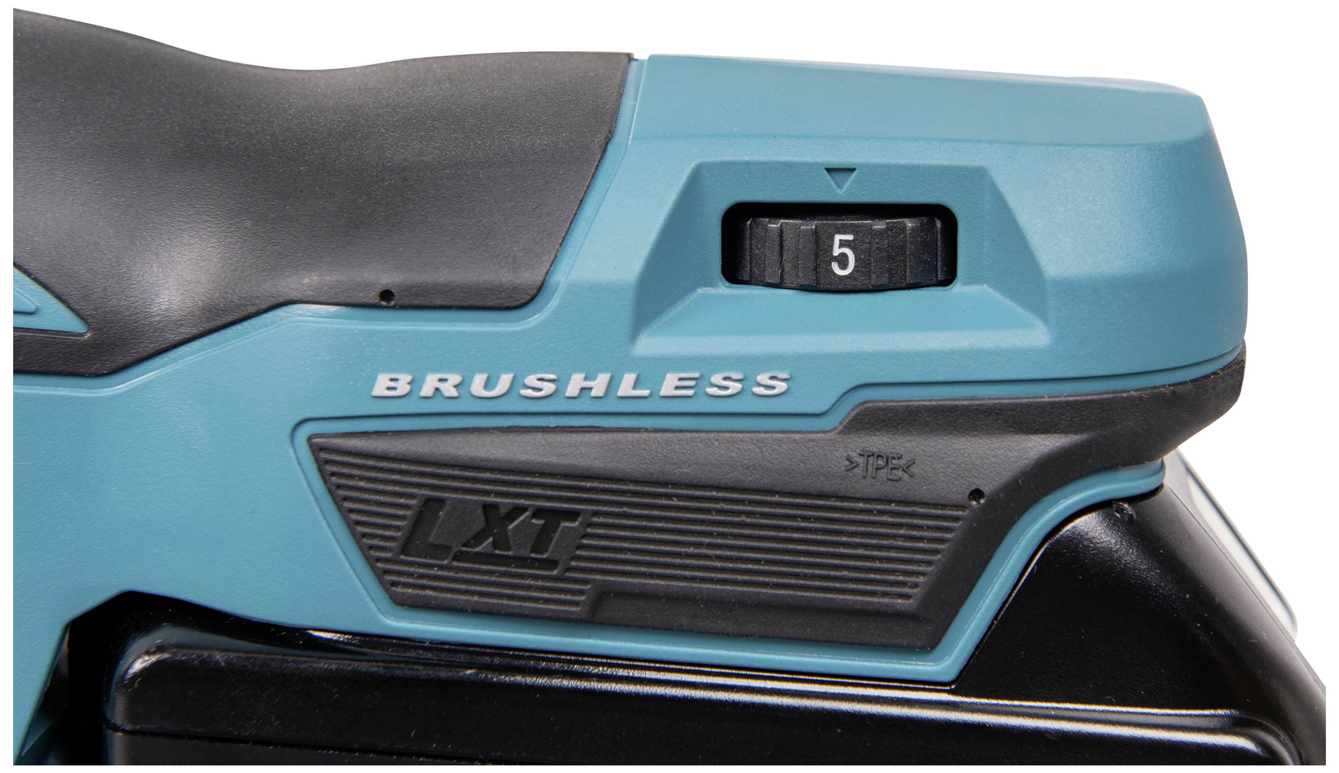 Modrý, bezkartáčový elektrický nástroj s černým nastavovacím kolečkem nastaveným na 5, s písmeny 'LXT' a 'BRUSHLESS' na povrchu.