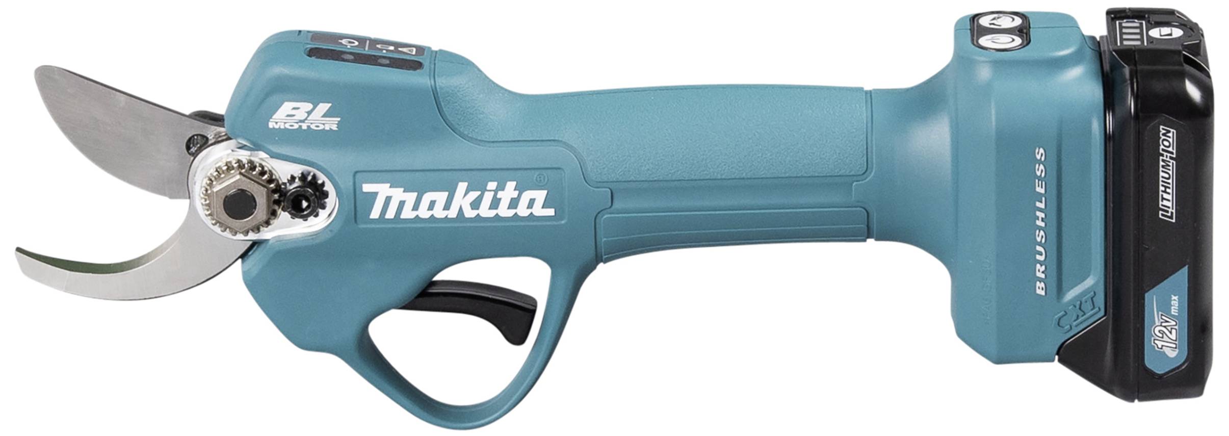 Elektrické nůžky na větve s modrým držadlem a černo-stříbrným ostřím. Akumulátorový provoz, vhodné pro řezání větví.