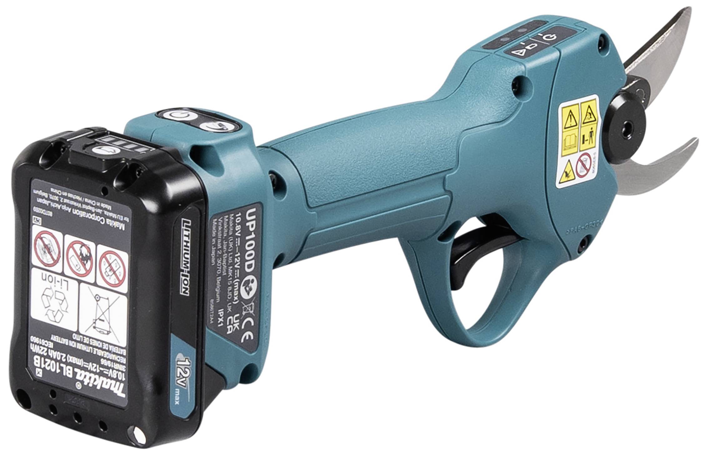 Bezdrátový, modrý elektrický zahradní nástroj s nůžkami. Je vybaven 12V baterií a na straně má bezpečnostní pokyny.