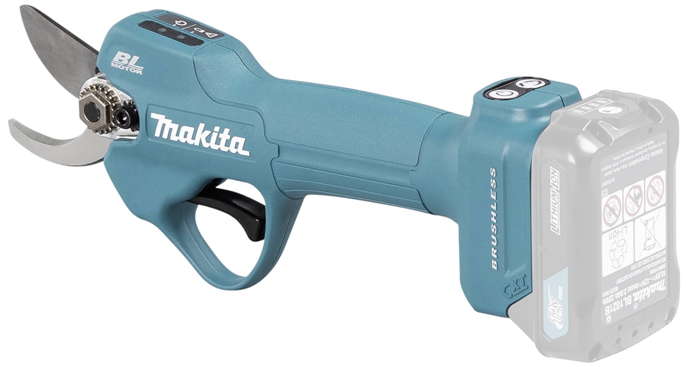 Elektrické zahradní nůžky v modré barvě s akumulátorem a ergonomickou rukojetí. Nápis: 'BL Motor'. Vhodné pro přesné stříhání.