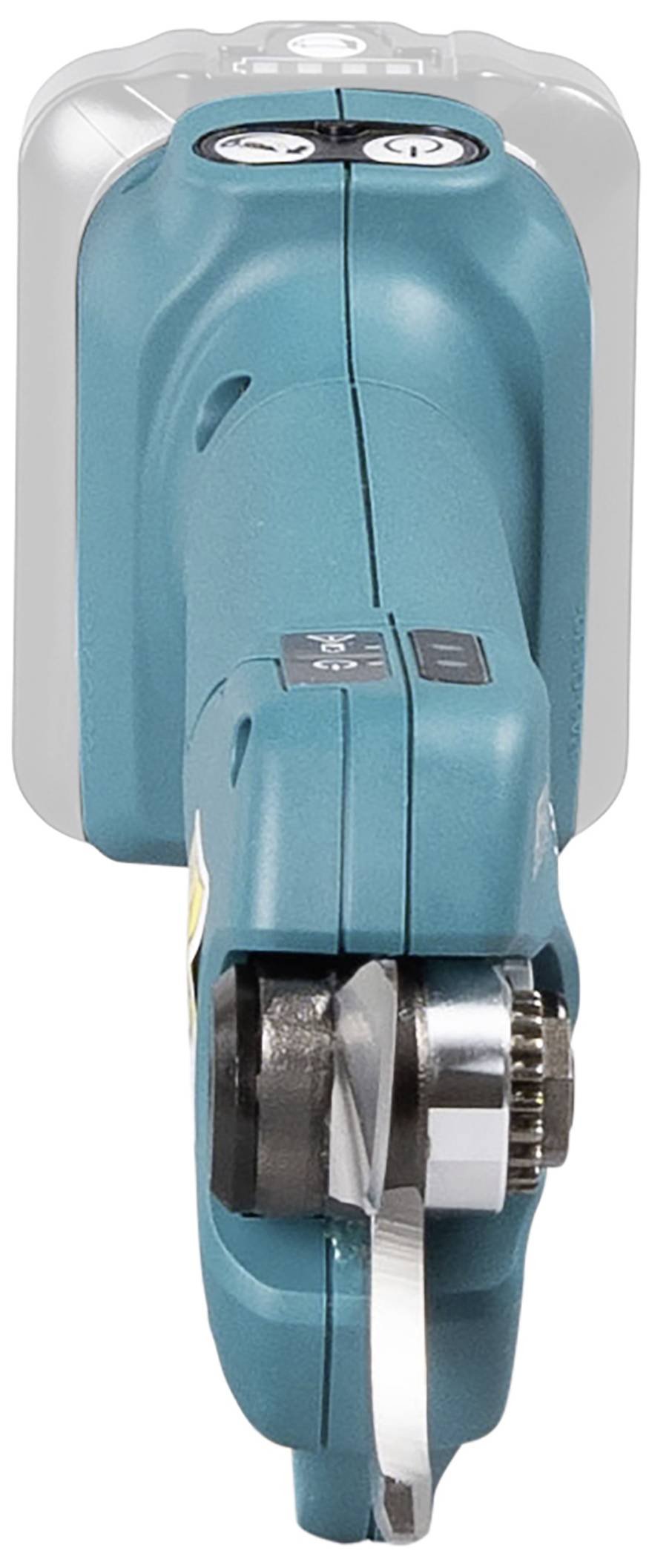 Tyrkysový elektrický úhlový bruska, pohled shora, ukazuje brusnou hlavu a ovládací prvky.