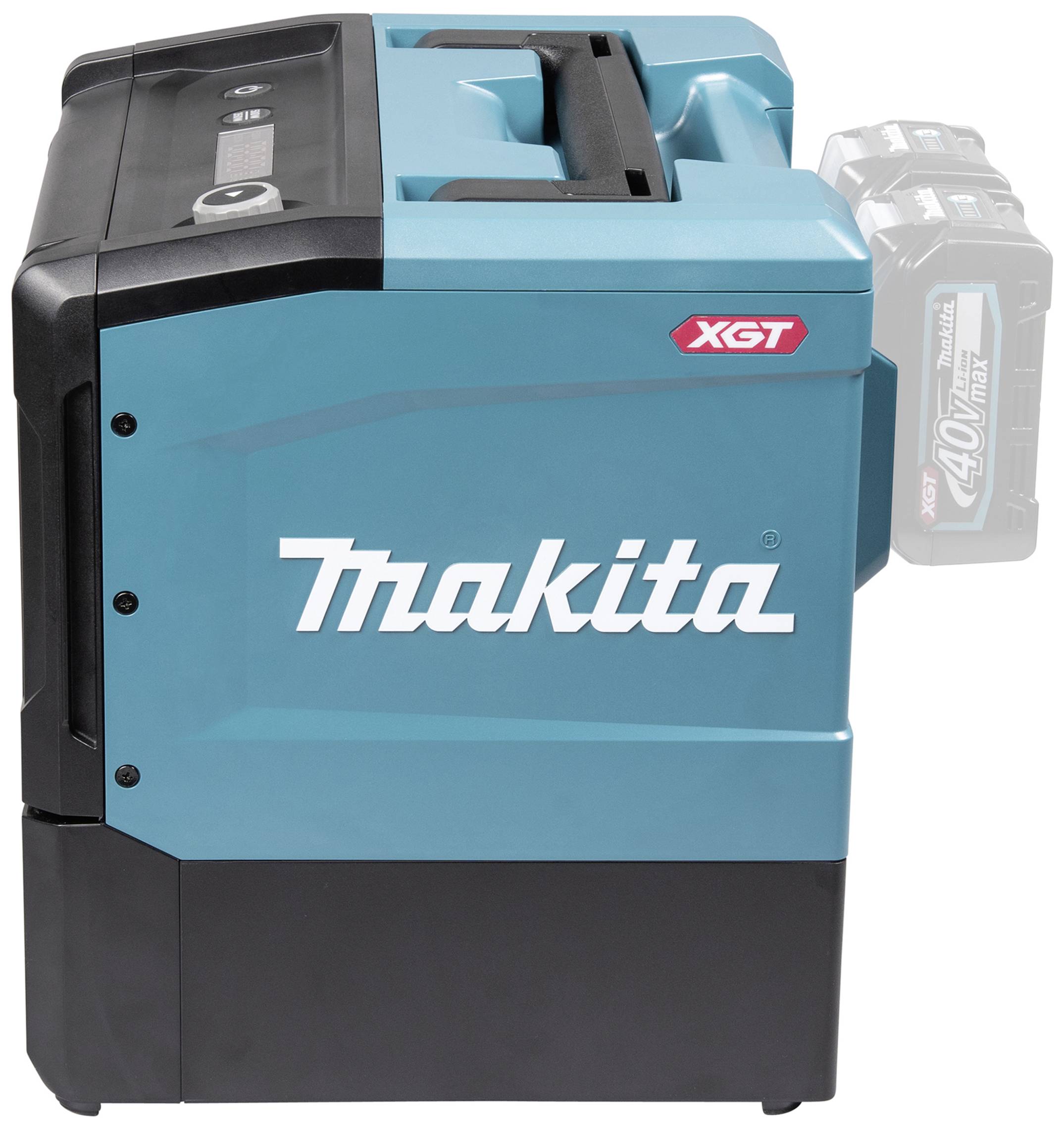 Přenosný chladicí box Makita v modré barvě s akumulátorem XGT na pravé straně.