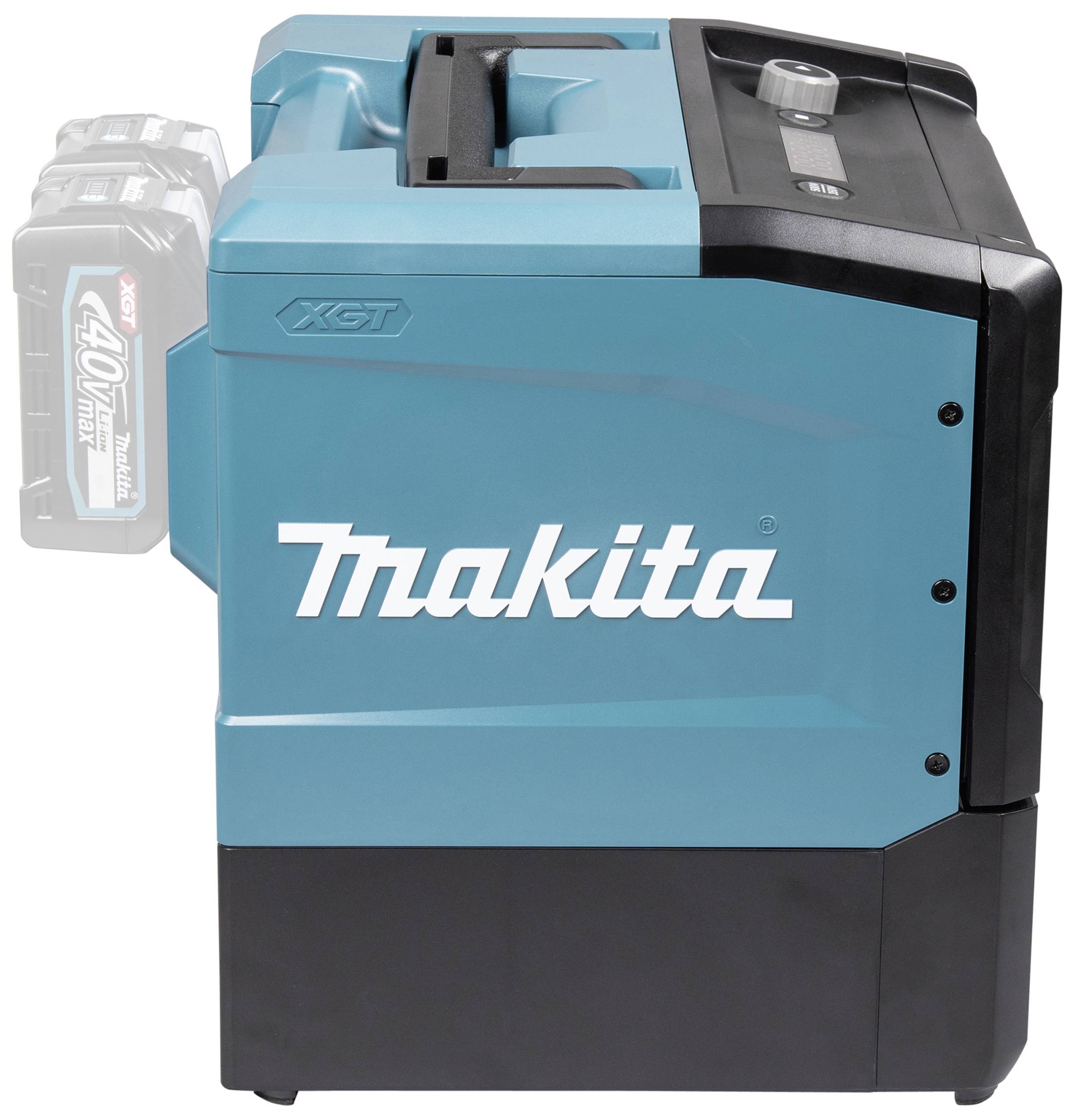 Kufřík značky Makita, napájený baterií, v tyrkysově modré barvě s černou rukojetí. Obsahuje 40V akumulátor s logem XGT, robustní design.