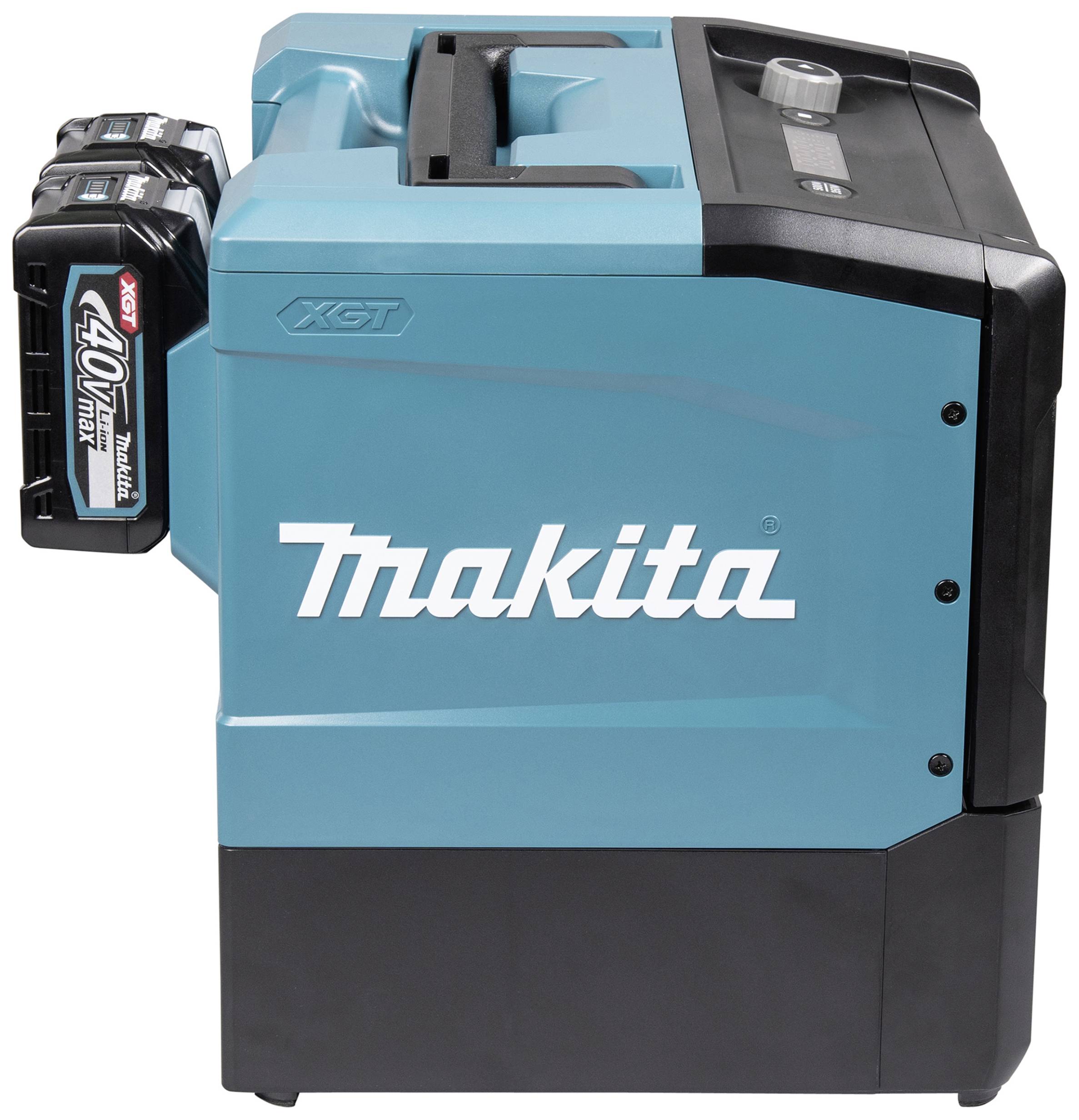 Modrý aku chladící box Makita série XGT 40V s bočně umístěným akumulátorem.
