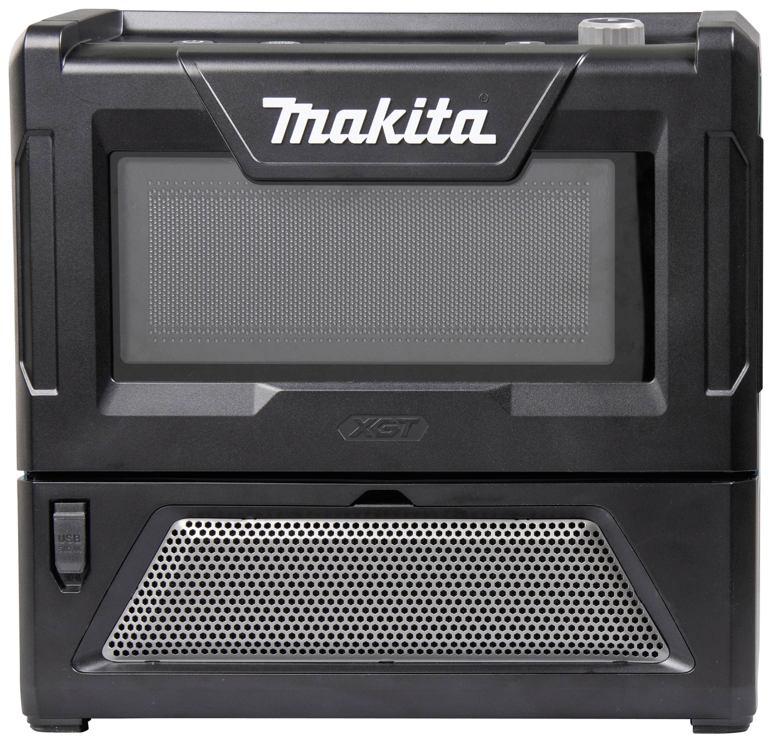 Černá mikrovlnná trouba Makita s jednoduchým designem, která má logo Makita nahoře. Pod ním je umístěna větrací mřížka.