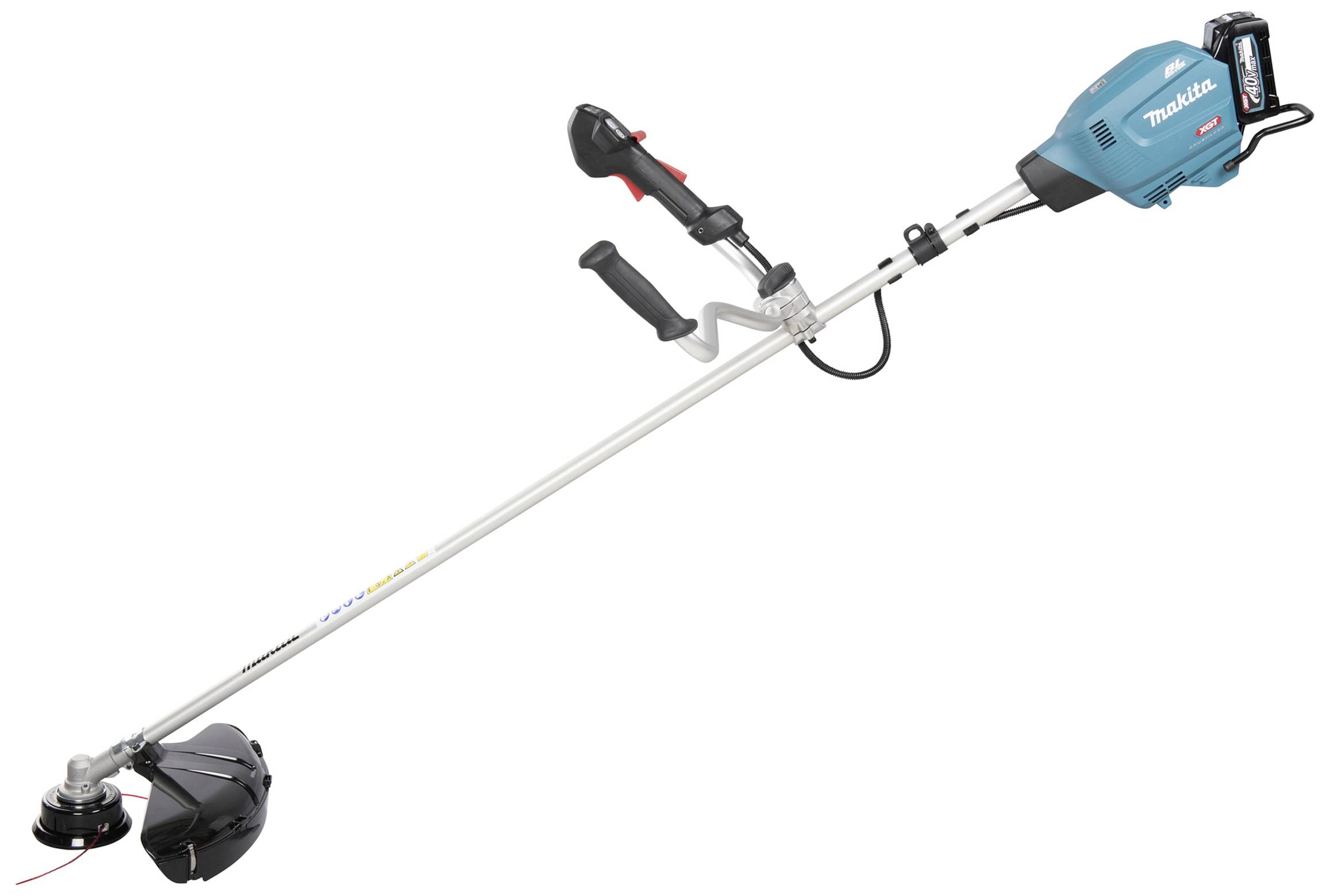 Modrý elektrický travní a okrajový zastřihovač s černou řezací hlavou a rukojetí. Napájený baterií s ergonomickým designem.