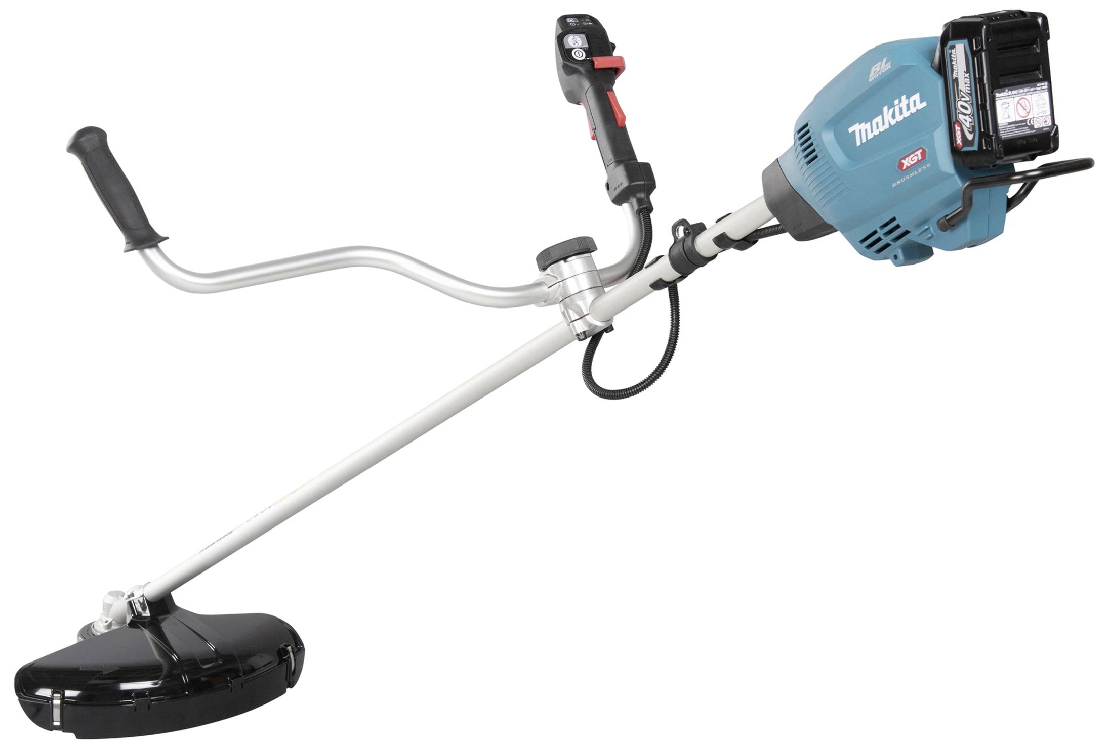 Benzínová travní sekačka s modrým motorem, ergonomickou rukojetí a černou žací hlavou, vhodná pro zahradnické práce.