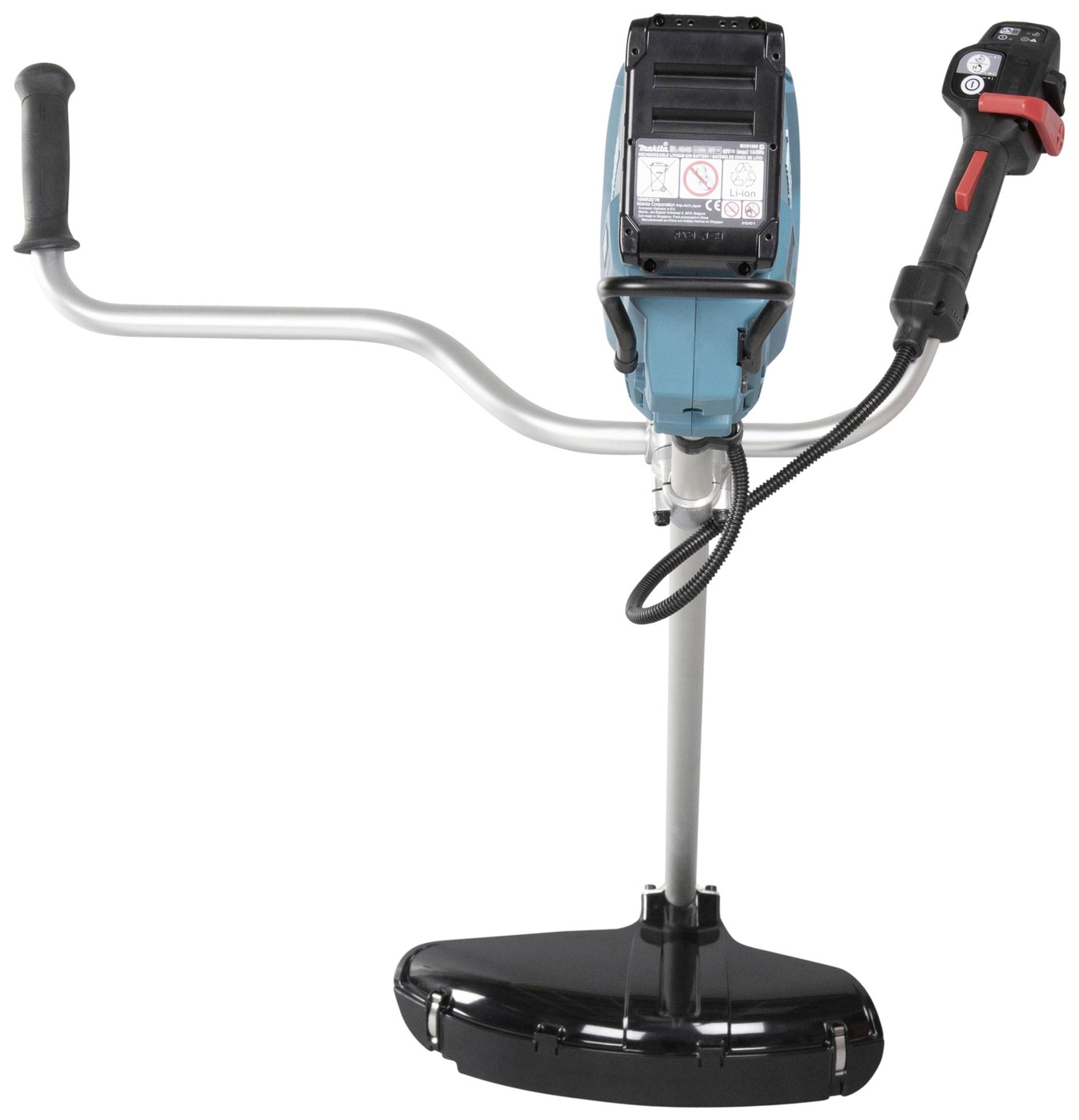 Modrý motorový křovinořez s černou řezací hlavou a ergonomickou rukojetí, vhodný pro sečení trávy a údržbu zahrady.