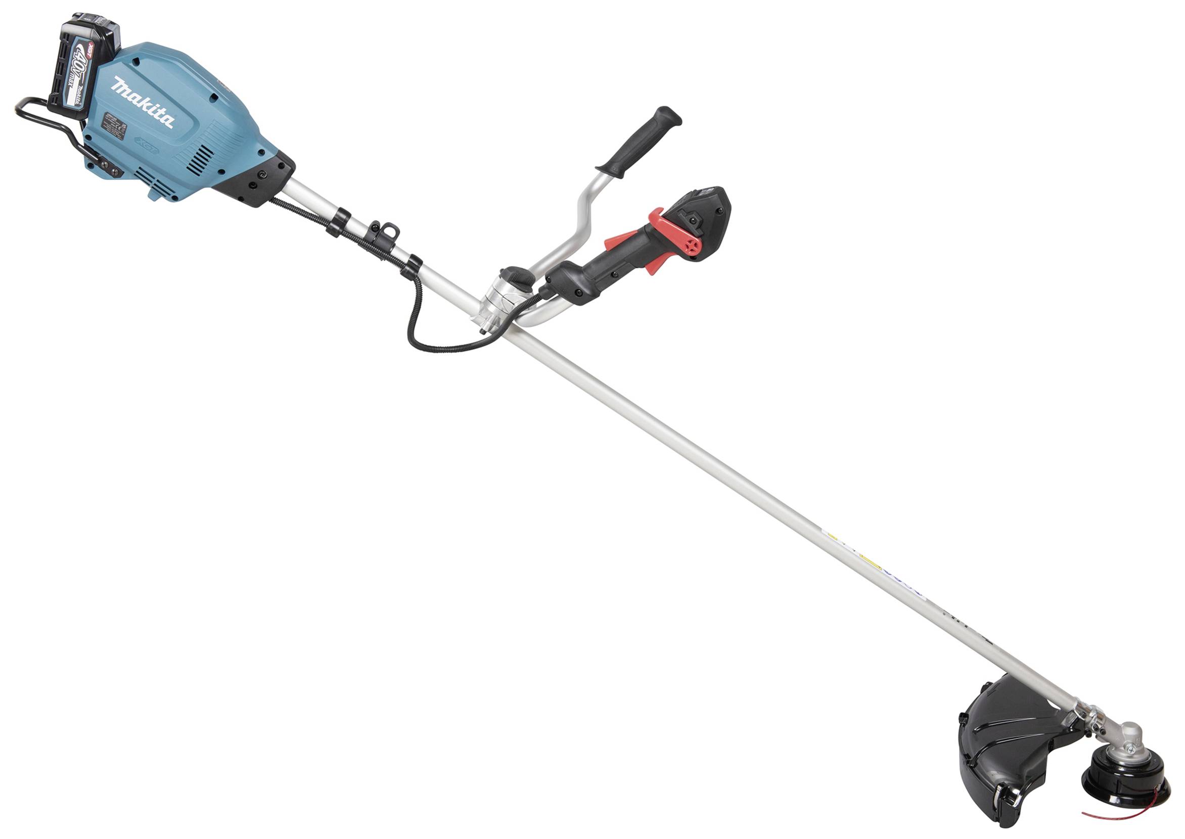 Elektrický vyžínač s modrým krytem a černou rukojetí. Vhodný pro sečení trávy nebo plevele v zahradách nebo na dvorech.