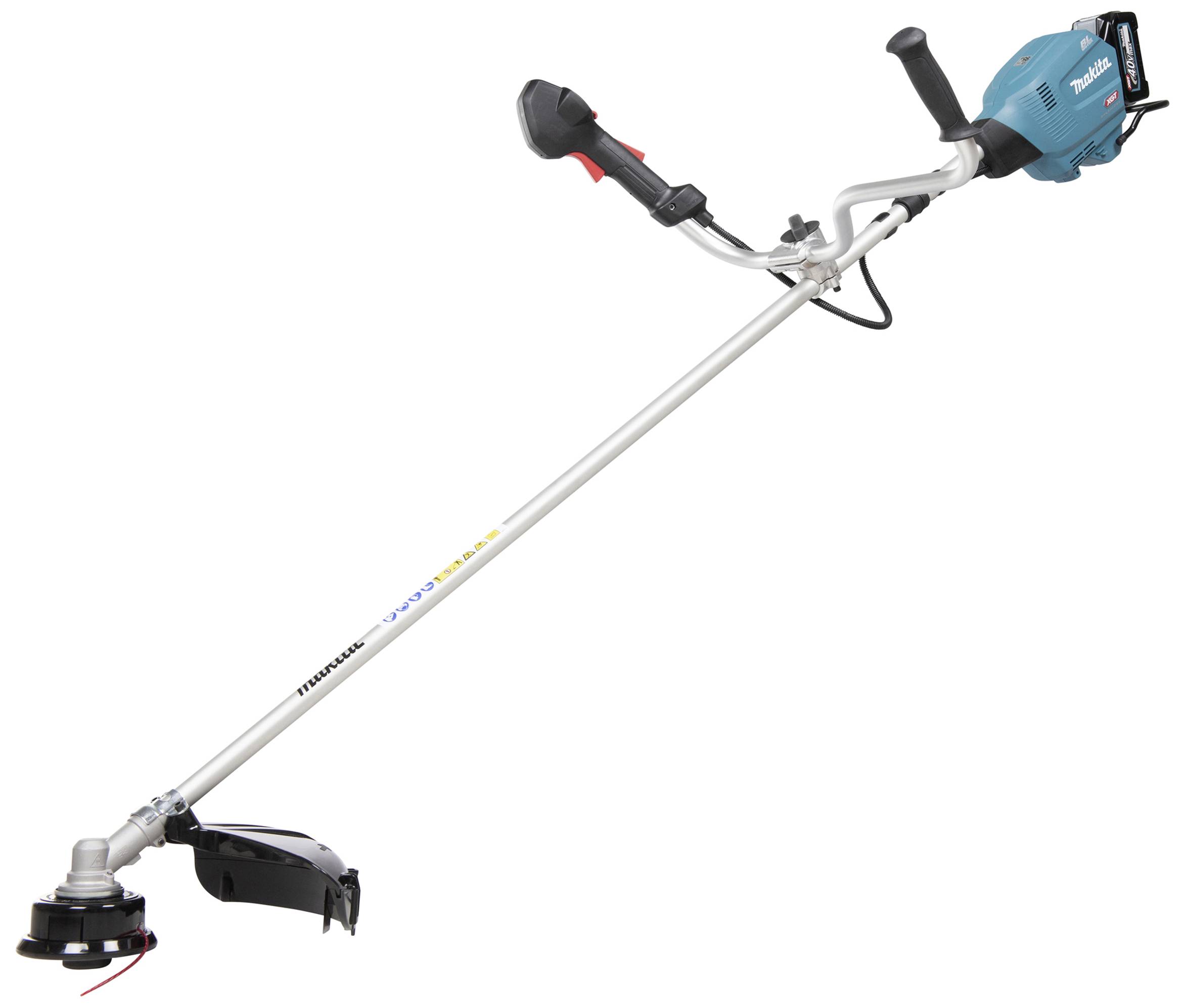 Elektrický vyžínač s ergonomickou rukojetí, ideální pro sečení travnatých ploch. Stroj je v modro-stříbrném provedení.