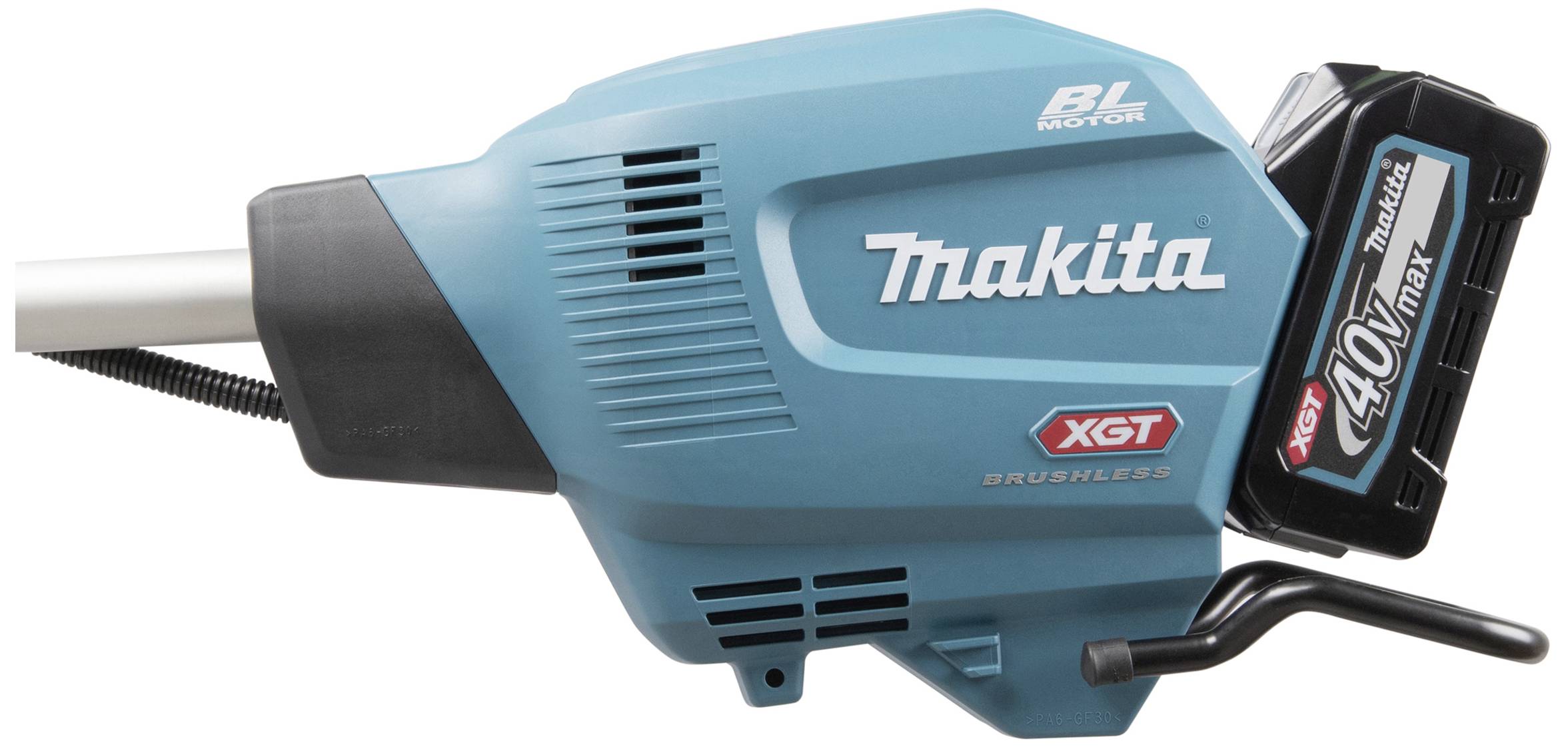 Akumulátorový fukar na listí s logem Makita, 40V Max akumulátor, bezkartáčový motor a označení XGT. Vhodný pro zahradnické práce.