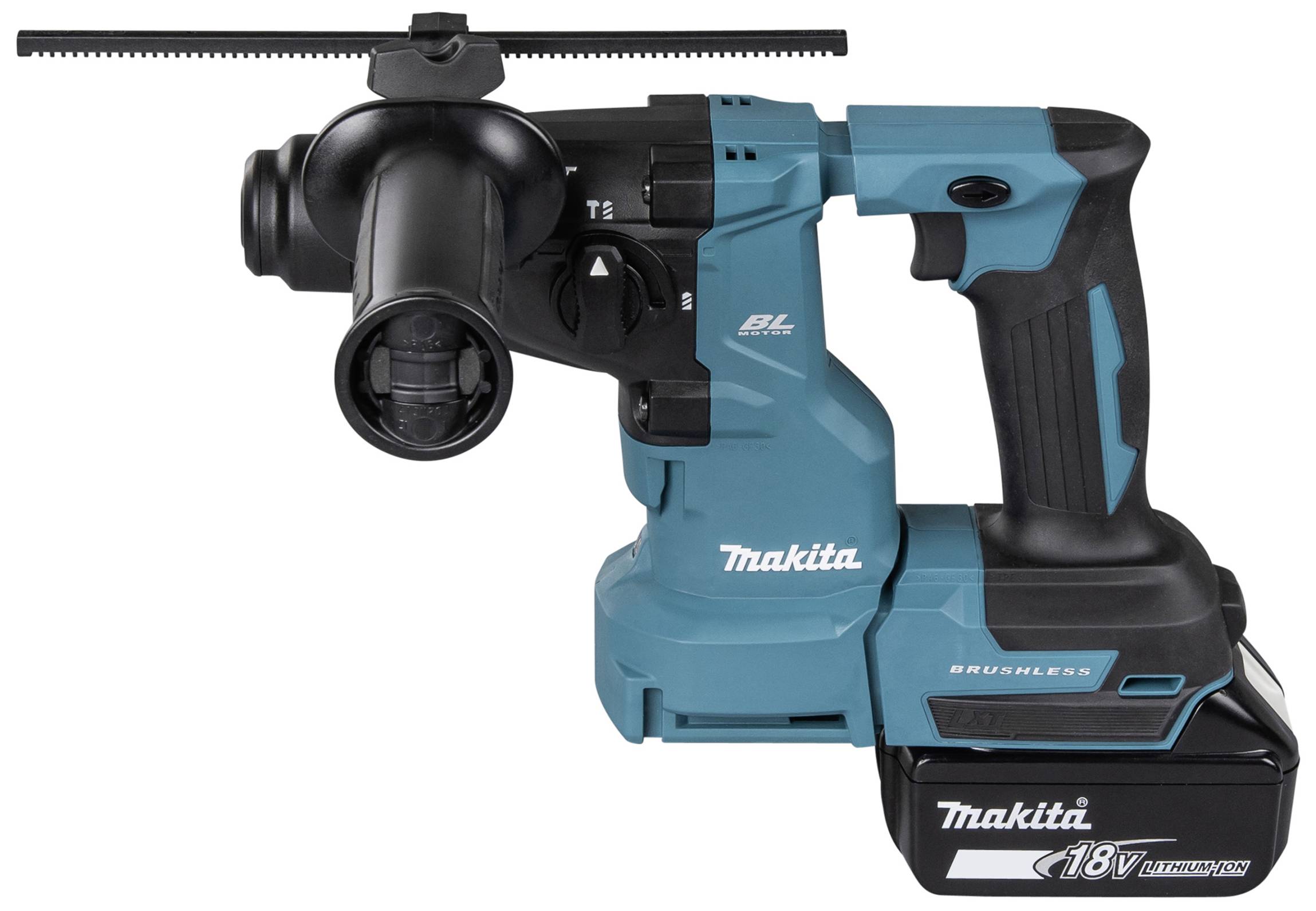 Bezdrátové bourací kladivo v modré a černé barvě, model 'Makita 18V', s ergonomickou rukojetí a akumulátorem, vhodné pro betonářské práce.