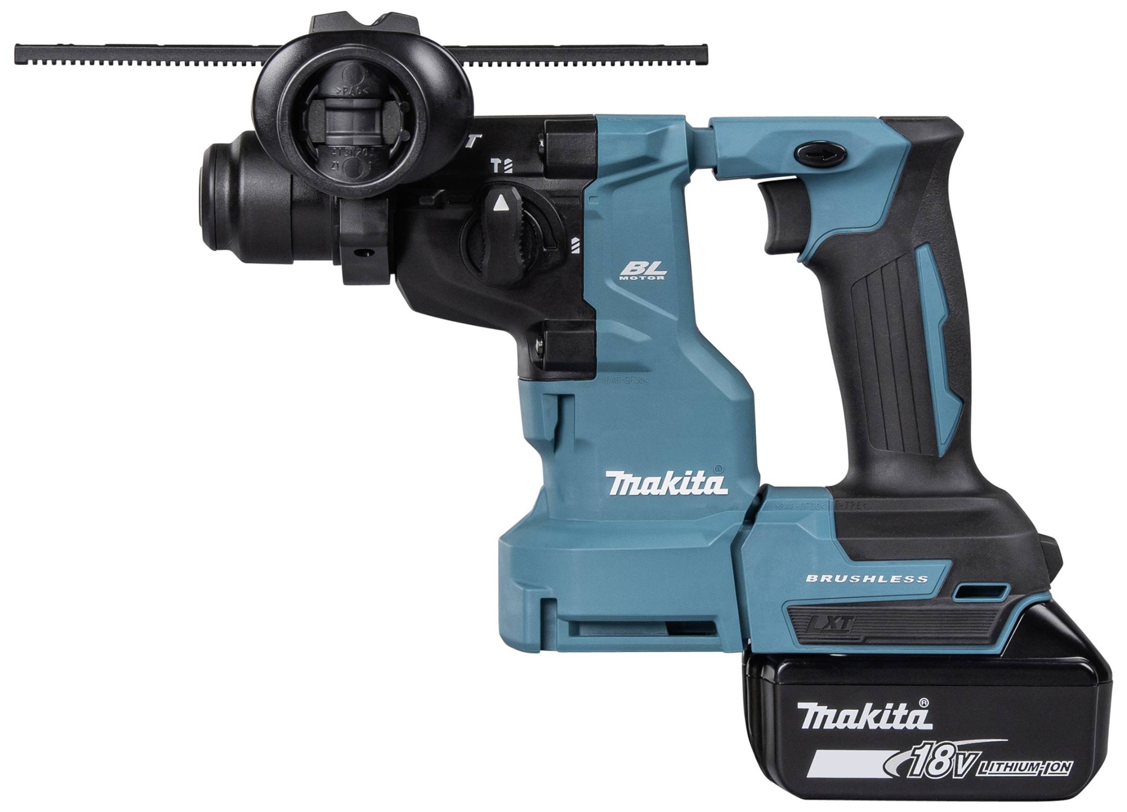 Bezdrátové kladivo Makita v modro-černém provedení s 18V lithium-iontovou baterií, zobrazené z levé strany.