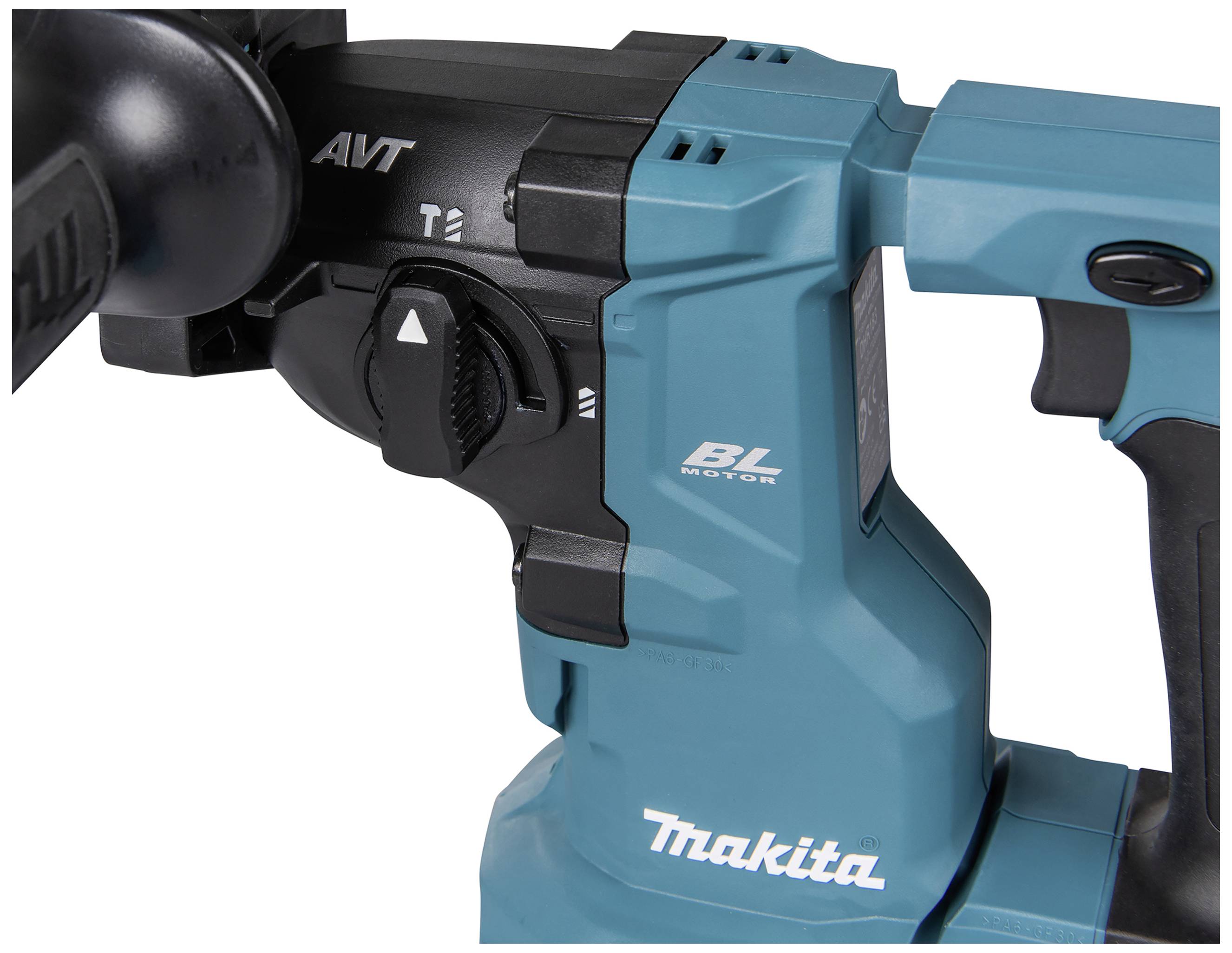 Detailní pohled na modrý rukojeť nástroje s černým nastavovacím kolečkem a nápisem „BL Motor" a „Makita".