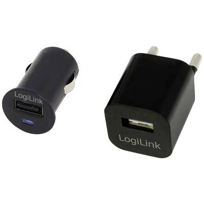 Na obrázku jsou vidět dva USB nabíjecí adaptéry LogiLink: vlevo adaptér do autozapalovače a vpravo adaptér do elektrické zásuvky.