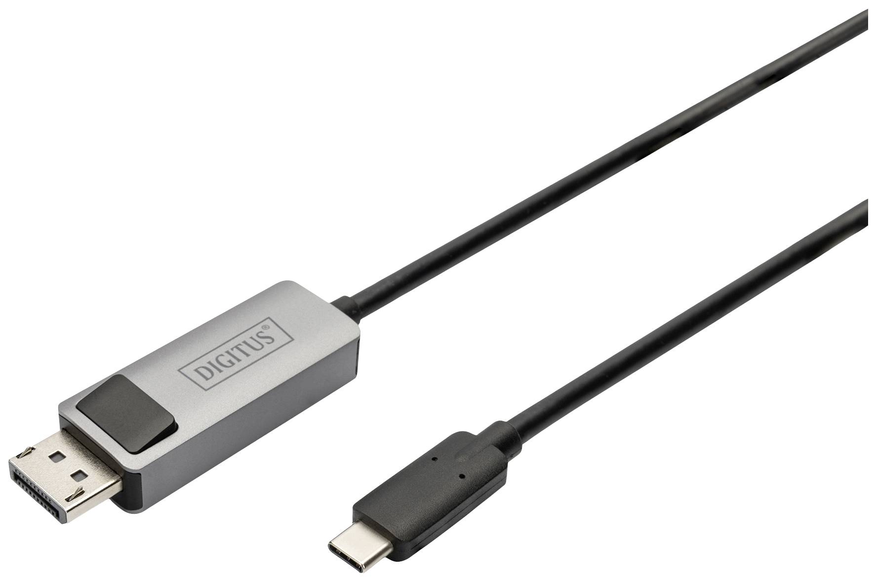 Adaptérový kabel USB-C na DisplayPort, převážně v černé a šedé barvě, umožňuje propojení mezi různými zařízeními.