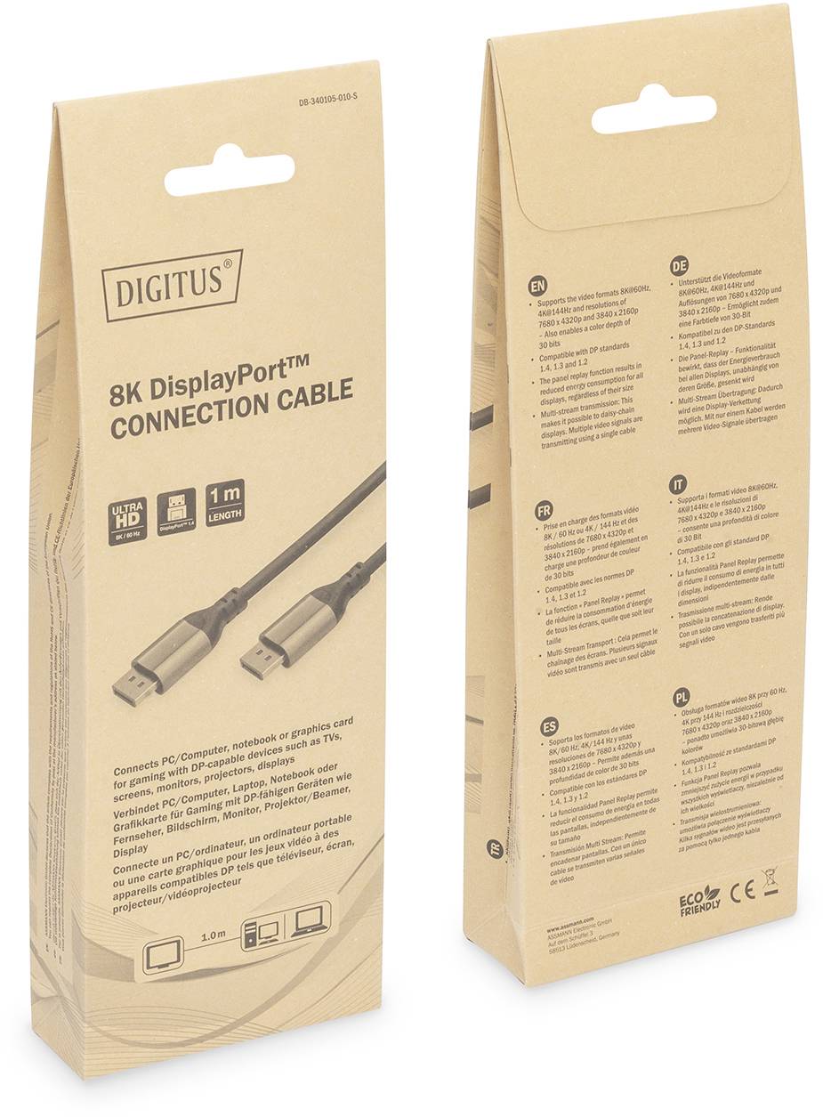 Dvě balení pro 8K DisplayPort propojovací kabel. Na přední straně jsou zobrazeny obrázky kabelu, značka 'DIGITUS', délka 1 m a technické detaily.