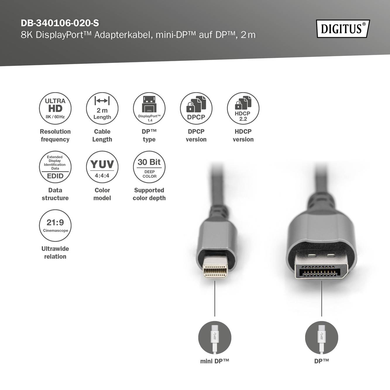 Adaptérový kabel DisplayPort 8K, 2 m, s mini-DP a DP konektory. Podporuje UHD, barevnou hloubku 30 bitů, verze DPCP a HDCP.