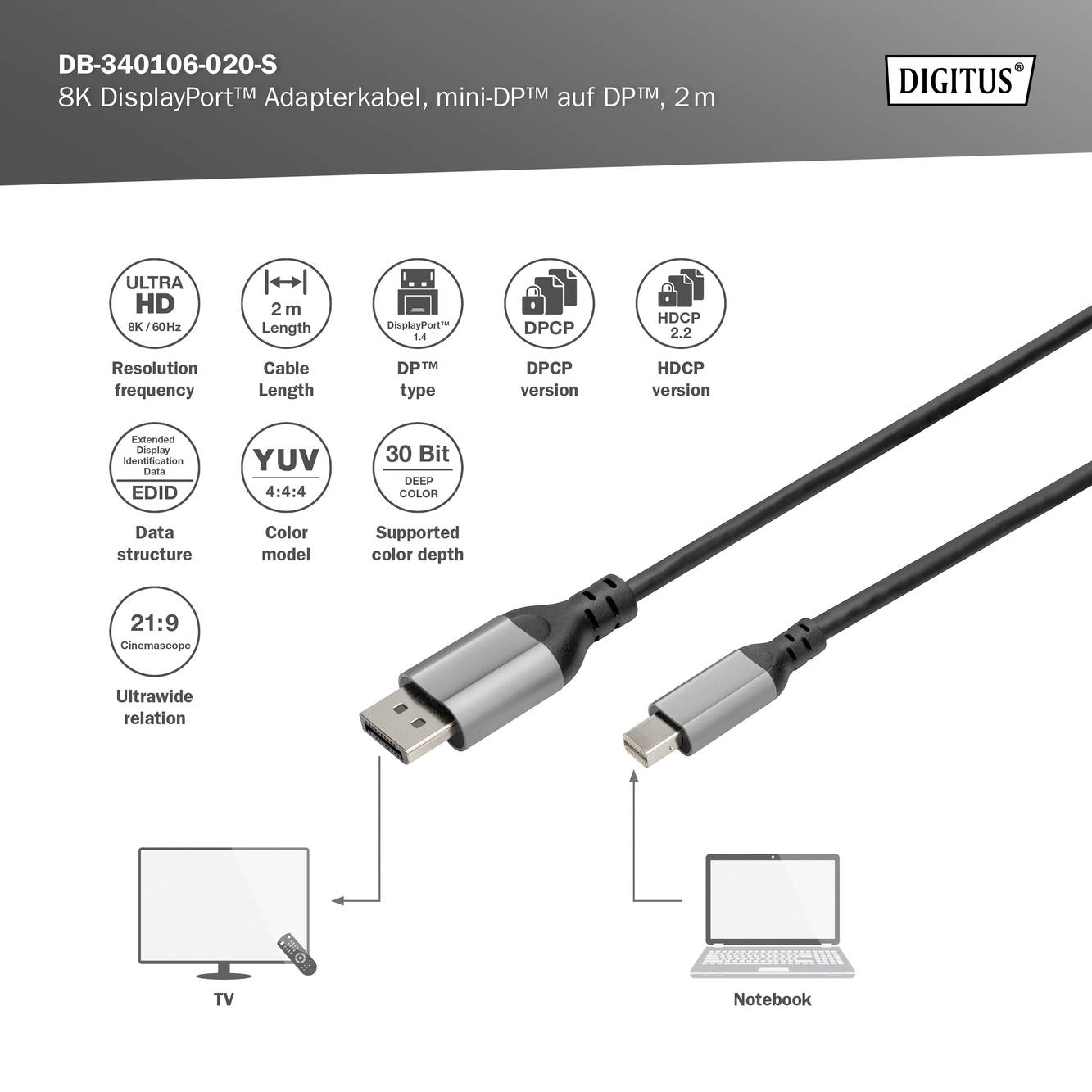 Kabel Mini DisplayPort na DisplayPort: připojení k TV a notebooku, podpora rozlišení 8K, délka 2 metry, stříbrná barva.