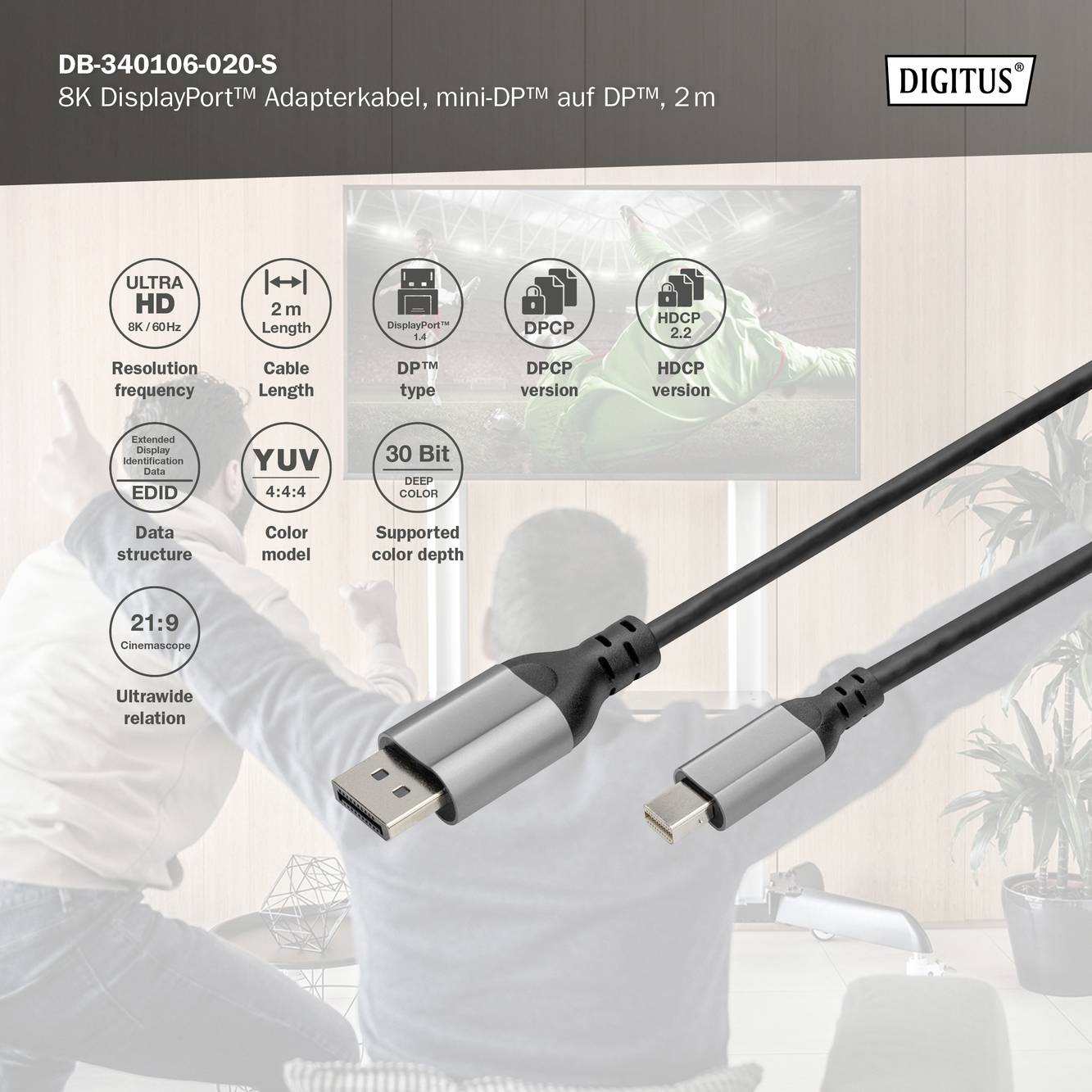Adaptační kabel Digitus DisplayPort 8K, mini-DP na DP, 2 m, podpora 4K, HDCP, Audio. 30 bitů, 4:4:4, 21:9.