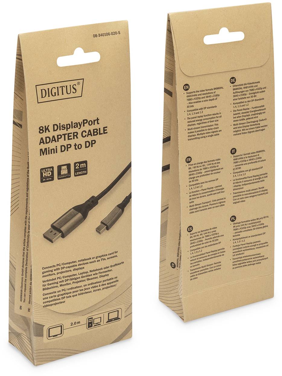 Balení adaptérového kabelu DisplayPort 8K. Název značky nahoře, grafika zobrazuje kabel s konektory. Text s detaily produktu a specifikacemi.
