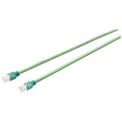 Zelený síťový kabel s konektory RJ45 na obou koncích, používaný pro propojení zařízení v počítačové síti.