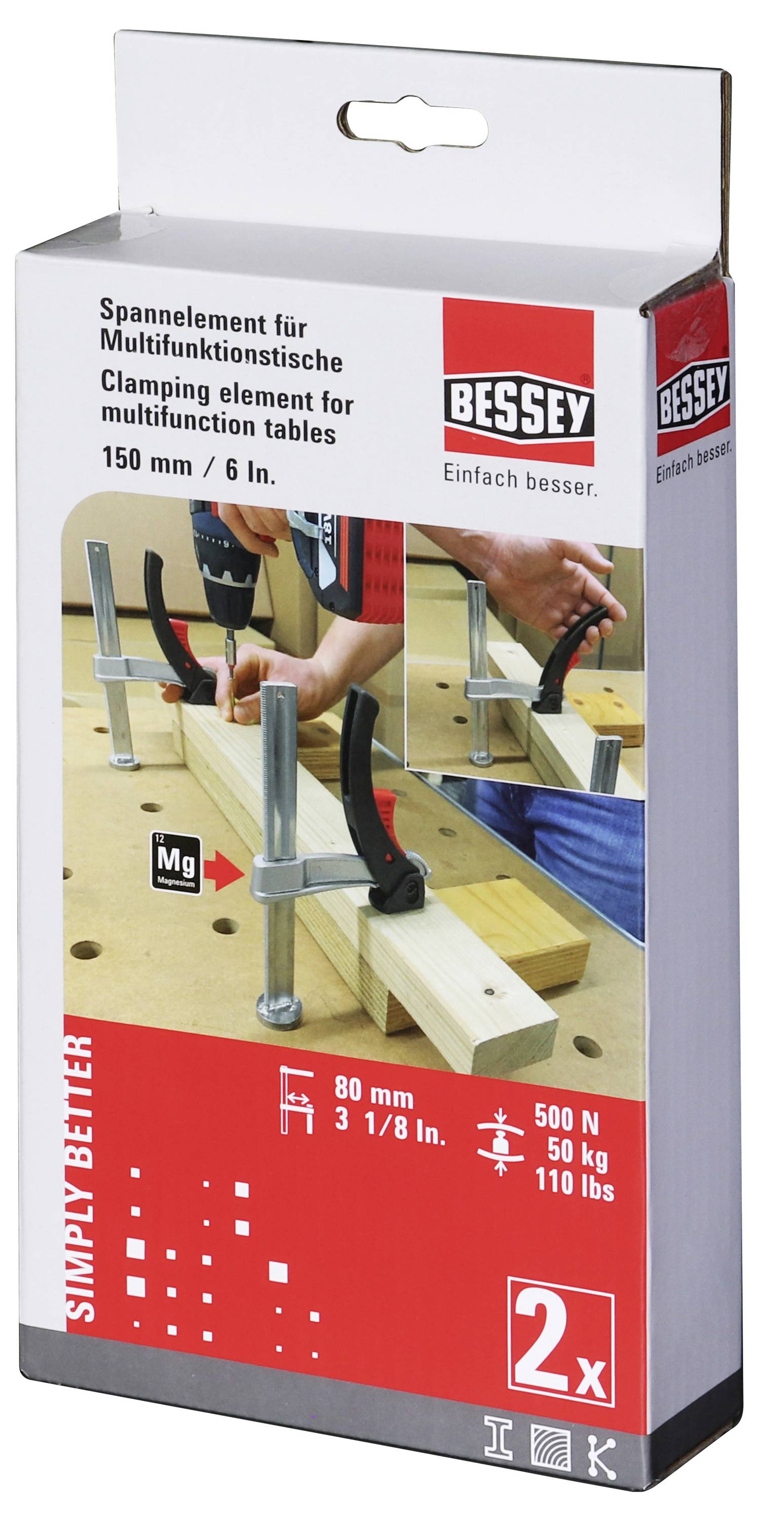 Balení upínacího prvku pro multifunkční stoly od Bessey. Zobrazuje produkt při použití s rozměry a nosností.
