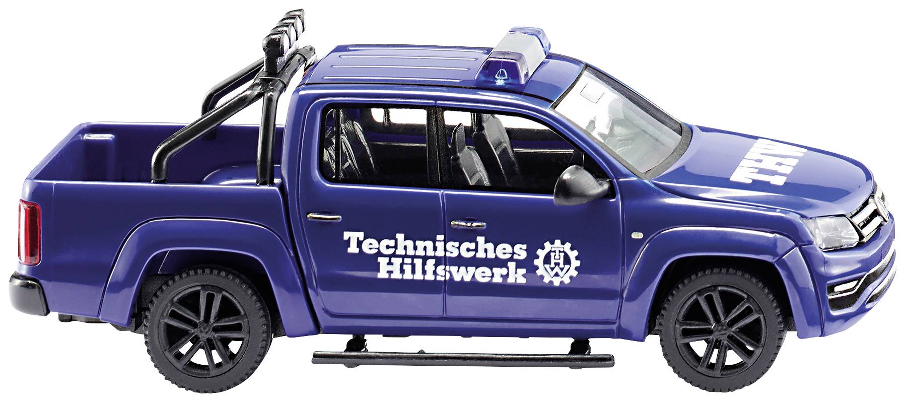 Modré modelové hasičské auto Technické pomocné služby s otevřenou nákladovou plochou a logem na boku.