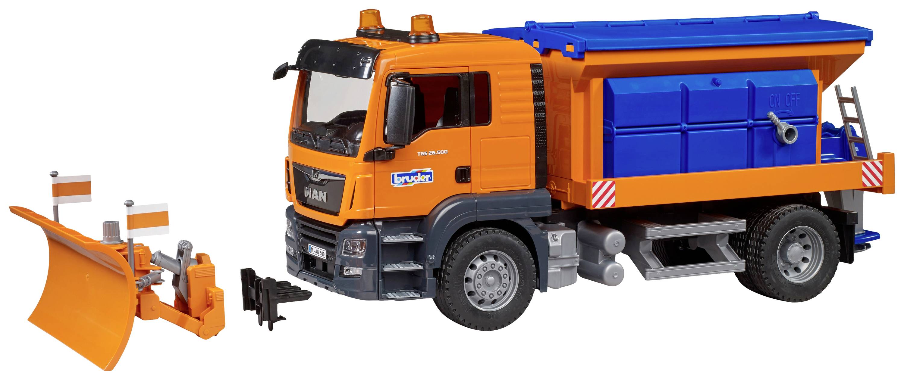 Model hračkářského nákladního vozu v oranžové a modré barvě se sněhovým pluhem a posypovým zařízením. Realistické detaily s koly a žebříky.