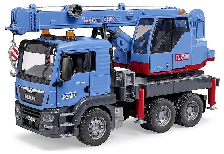 Modrý hračkářský jeřábový vůz s červenou výložníkovou částí a stříbrným hákem. Model 'MAN'. Vhodný pro děti ke hře a poznávání.