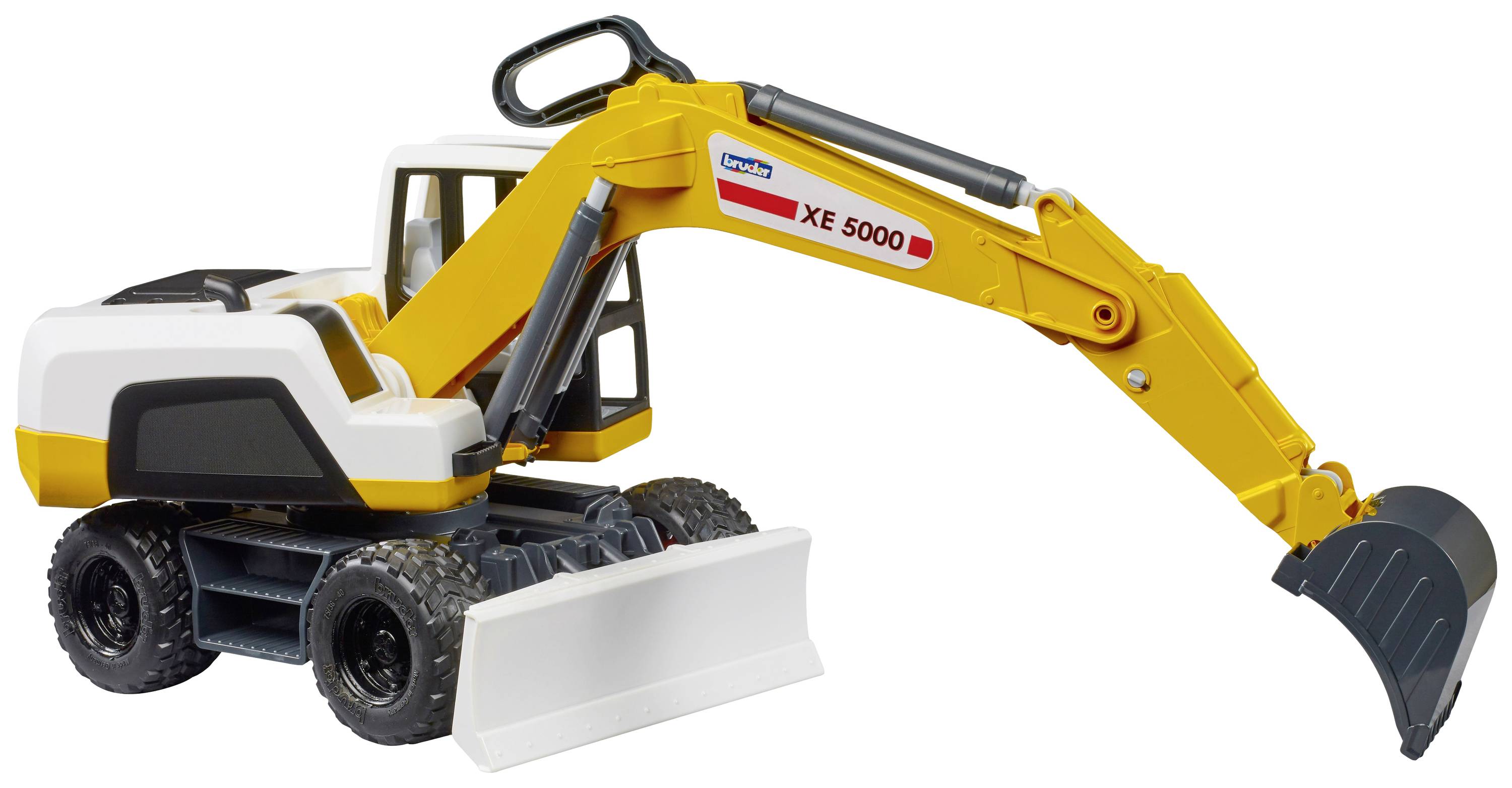 Plastový hračkářský bagr s žlutou rukou a lžící, černou spodní stavbou, bílou kabinou a černými koly; model 'XE 5000'.