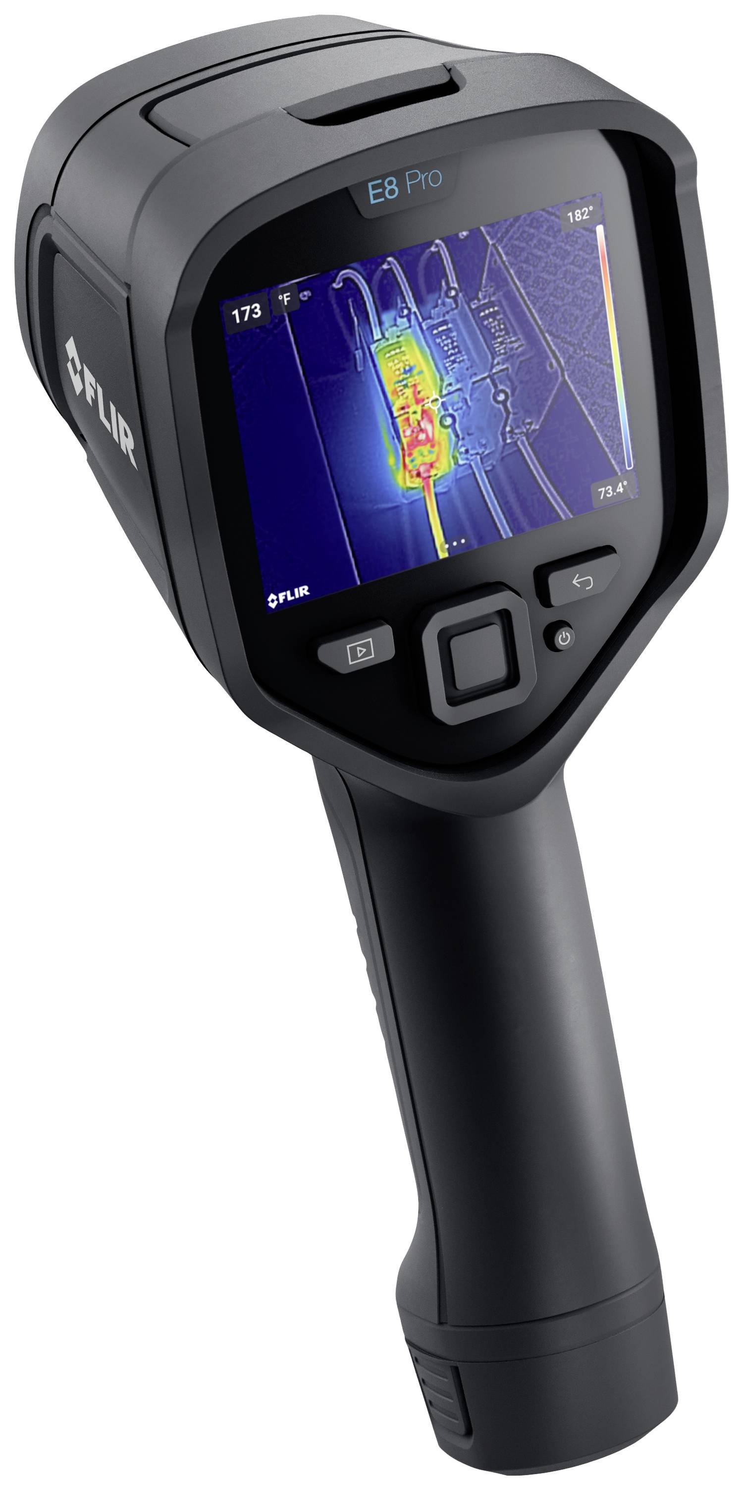 Termokamera s displejem zobrazující rozložení tepla v žlutých a modrých tónech. Model 'FLIR E8 Pro'. Ergonomický design, černá barva.