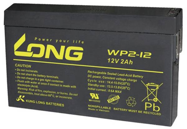 Long WP2-12 WP2-12 olověný akumulátor 12 V 2 Ah olověný se skelným rounem (š x v x h) 150 x 90 x 20 mm plochý konektor 4,8 mm nepatrné vybíjení, bezúdržbové