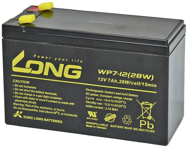 Long WP7-12(28W)-M/F1 WP7-12(28W)-M/F1 olověný akumulátor 12 V 7 Ah olověný se skelným rounem (š x v x h) 151 x 102 x 65 mm plochý konektor 4,8 mm VDS certifikace , nepatrné vybíjení, bezúdržbové