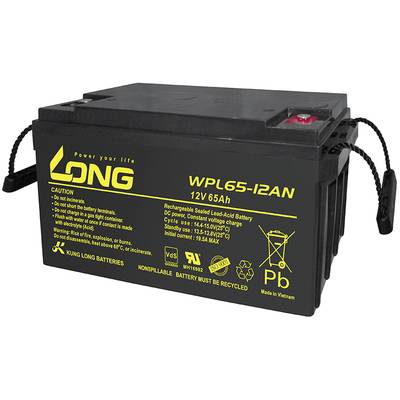 Černá autobaterie s žlutým logem 'LONG' a nápisem modelu 'WPL65-12AN 12V 65Ah'. Na pravé straně jsou umístěny technické symboly a bezpečnostní upozornění.