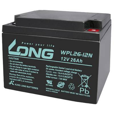 Černá hermeticky uzavřená olověná akumulátorová baterie s nápisem 'LONG - Power your life', model WPL26-12N, 12V 26Ah.