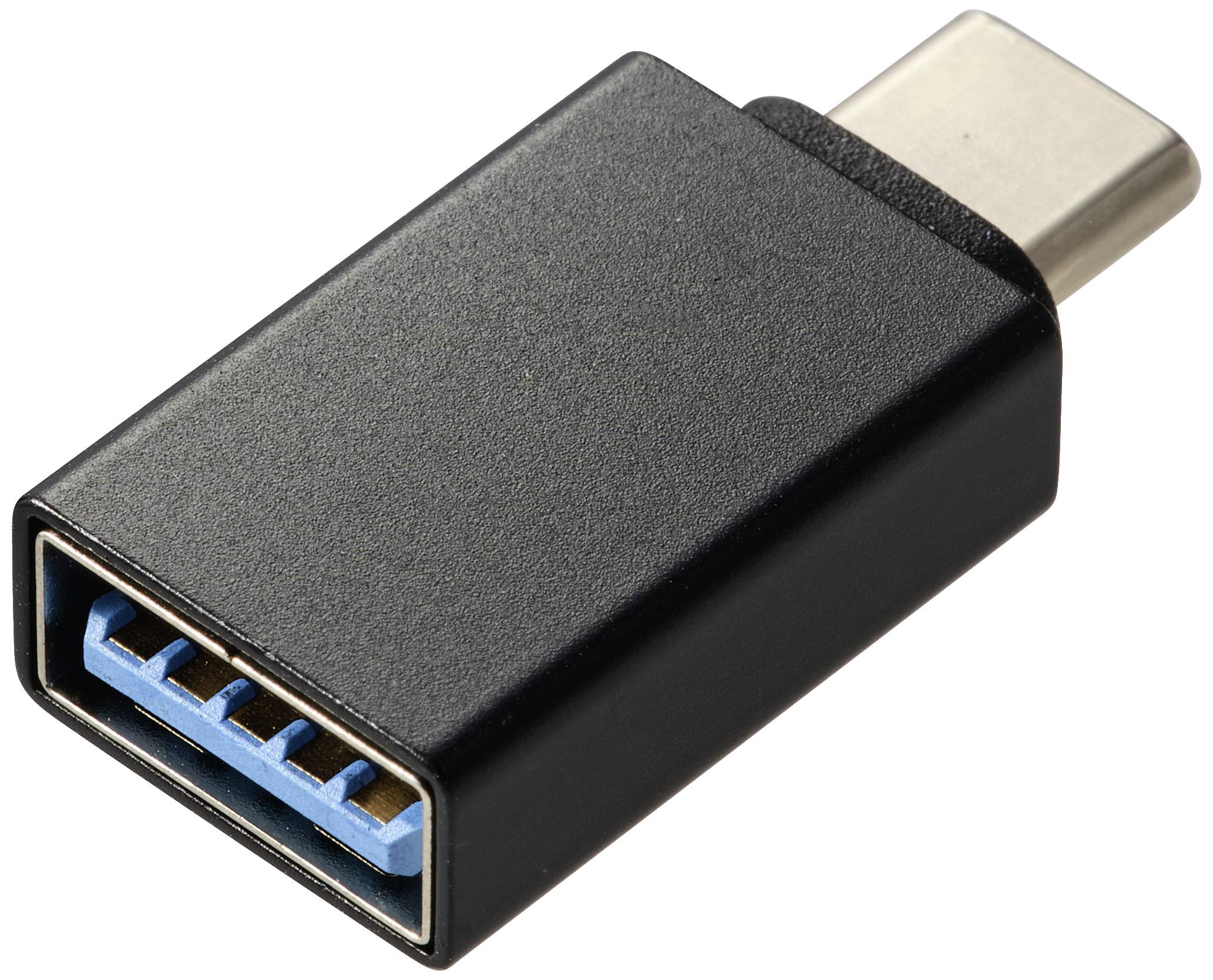 Černý USB-C na USB-A adaptér, který umožňuje připojení USB-A zařízení k USB-C portu.