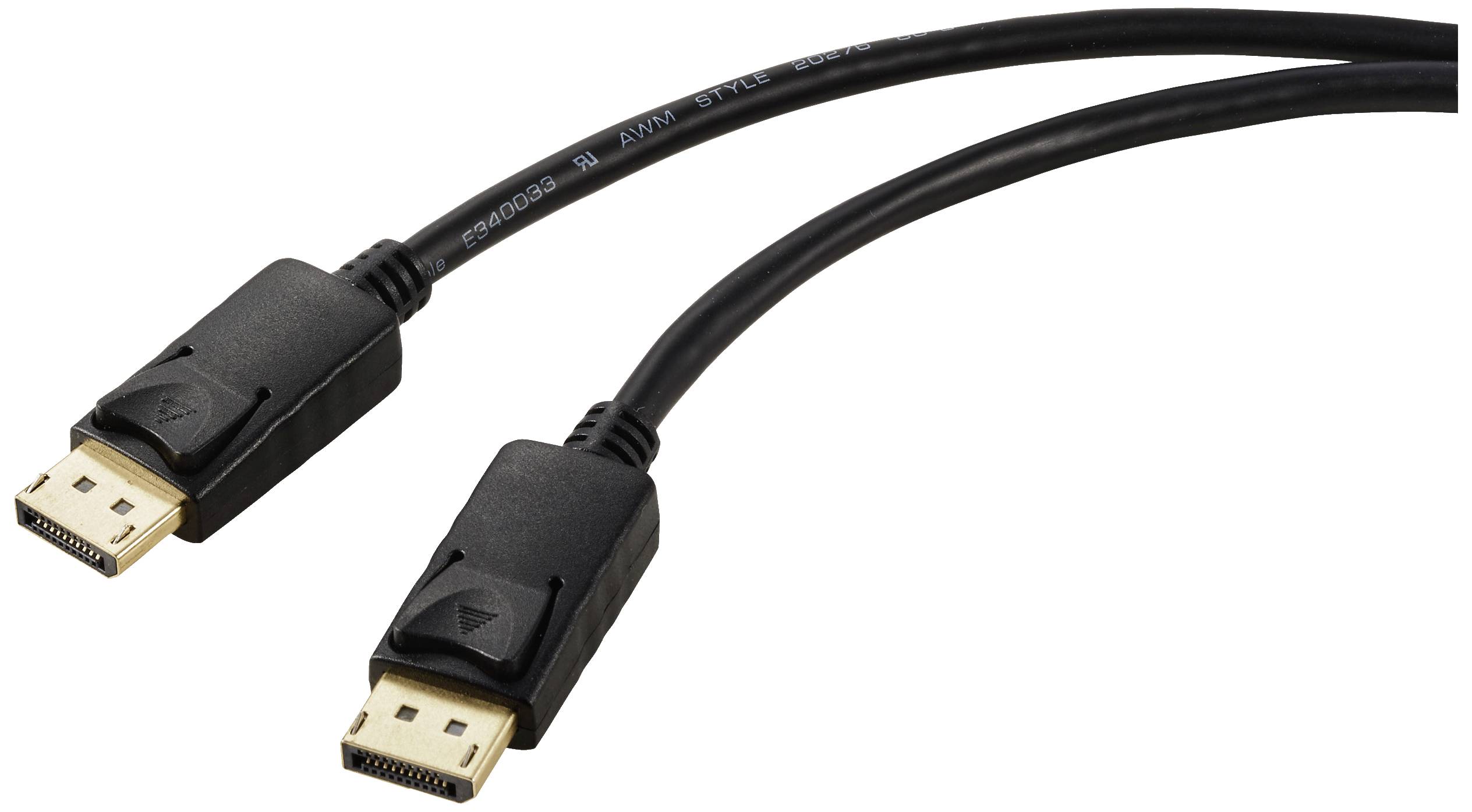 Dva černé DisplayPort kabely se zástrčkami na obou koncích, určené pro přenos video a audio signálů mezi zařízeními.