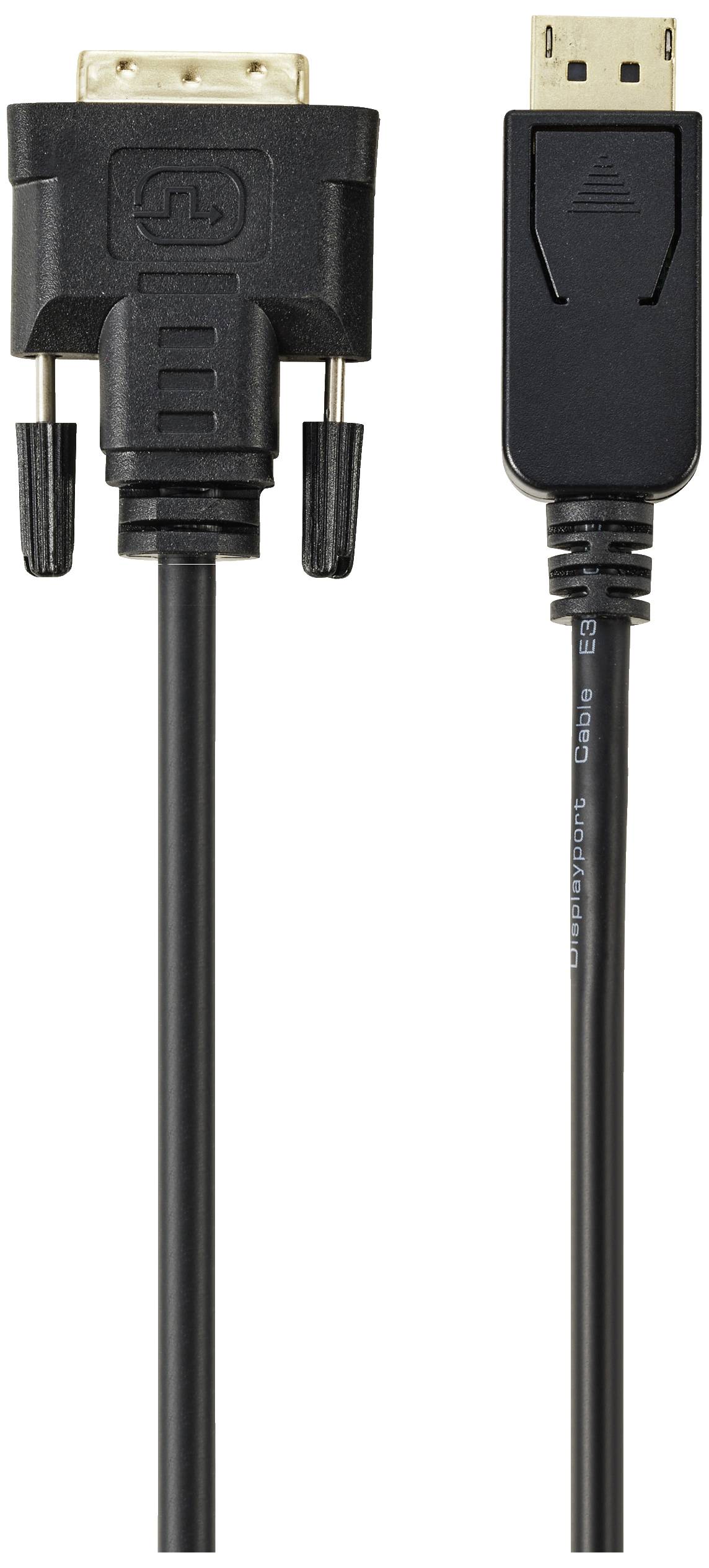 DisplayPort na DVI kabel: Černý kabel s konektorem DisplayPort vlevo a konektorem DVI vpravo, určený k propojení zařízení.