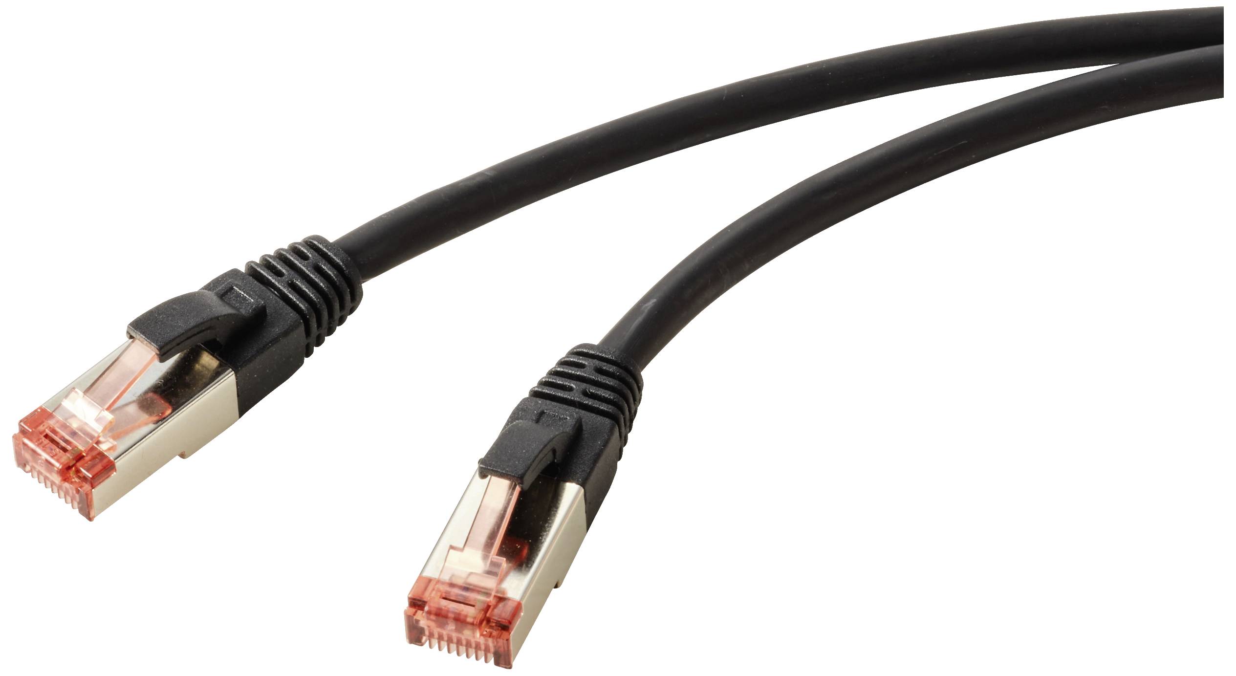 Dva černé ethernetové kabely s transparentními konektory, které se používají pro síťová připojení.