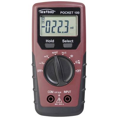 Digitální multimetr, model Testboy Pocket 100, ukazuje 22,3 mV DC. Funkce a ovládací prvky pro měření napětí jsou viditelné.