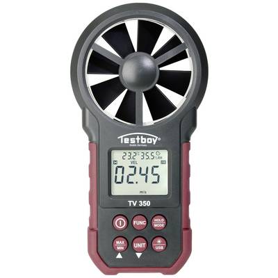 Ruční měřicí přístroj pro měření rychlosti vzduchu, teploty a vlhkosti. Display zobrazuje '23,2°C', '35,5°C' a '02,45 m/s'.<br><br>Note: I used a comma instead of a period for decimal points, as is standard in Czech numeric notation.