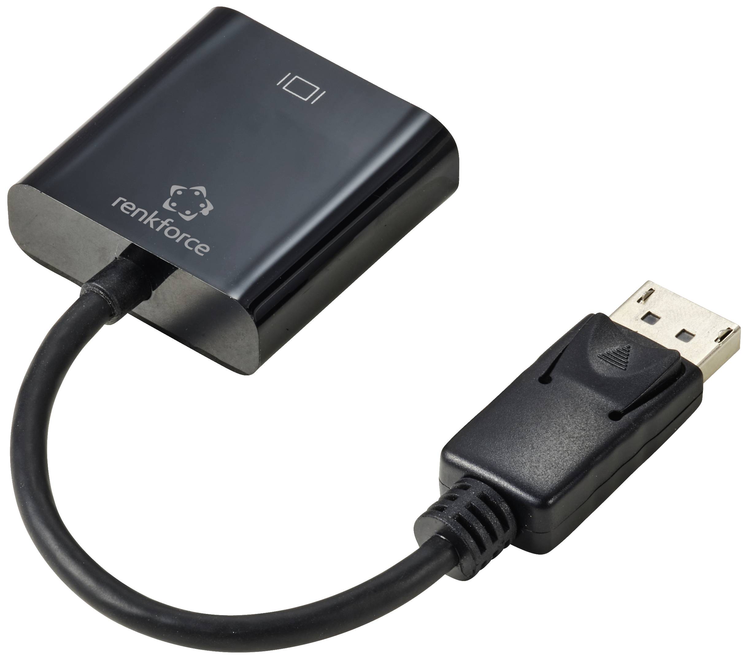 Adaptér Renkforce USB v černé barvě, propojuje USB-A s HDMI, krátký kabelový úsek, obdélníkový adaptérový těla s logem značky.