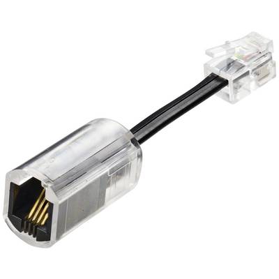 RJ11 konektor připojený k RJ45 adaptéru, oba průhledné. Adaptér má zlaté kontakty.