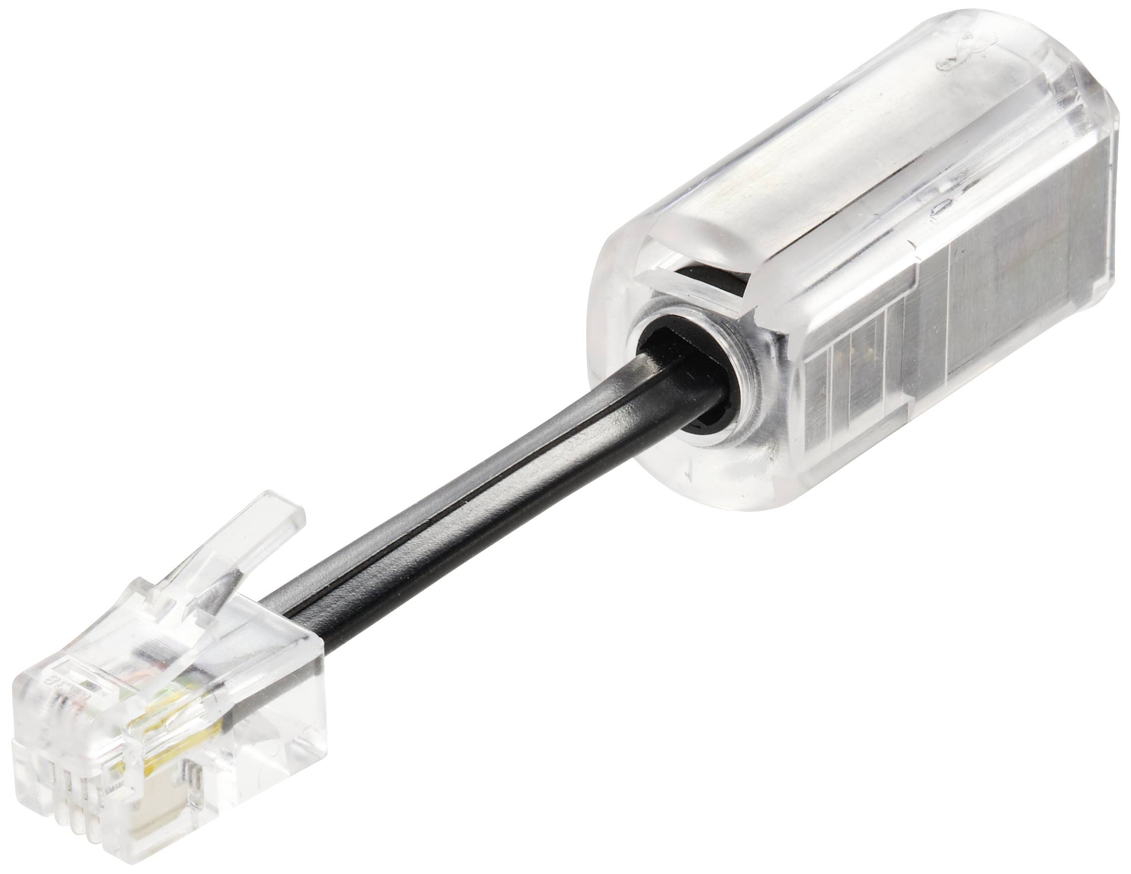 Průhledný síťový adaptér s RJ45 konektorem a krátkým kabelem.